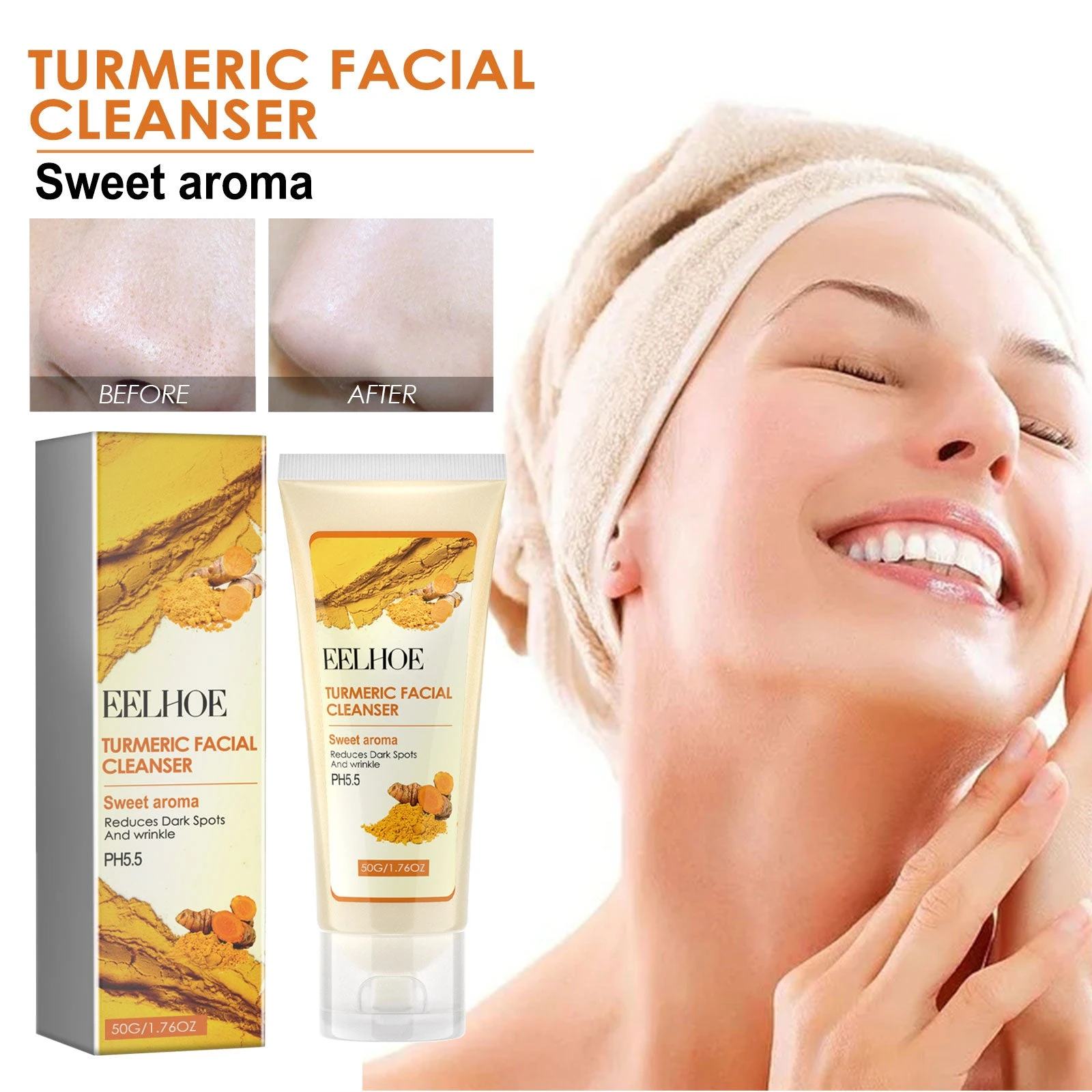 Turmeric tube cleanser beside a model with a towel