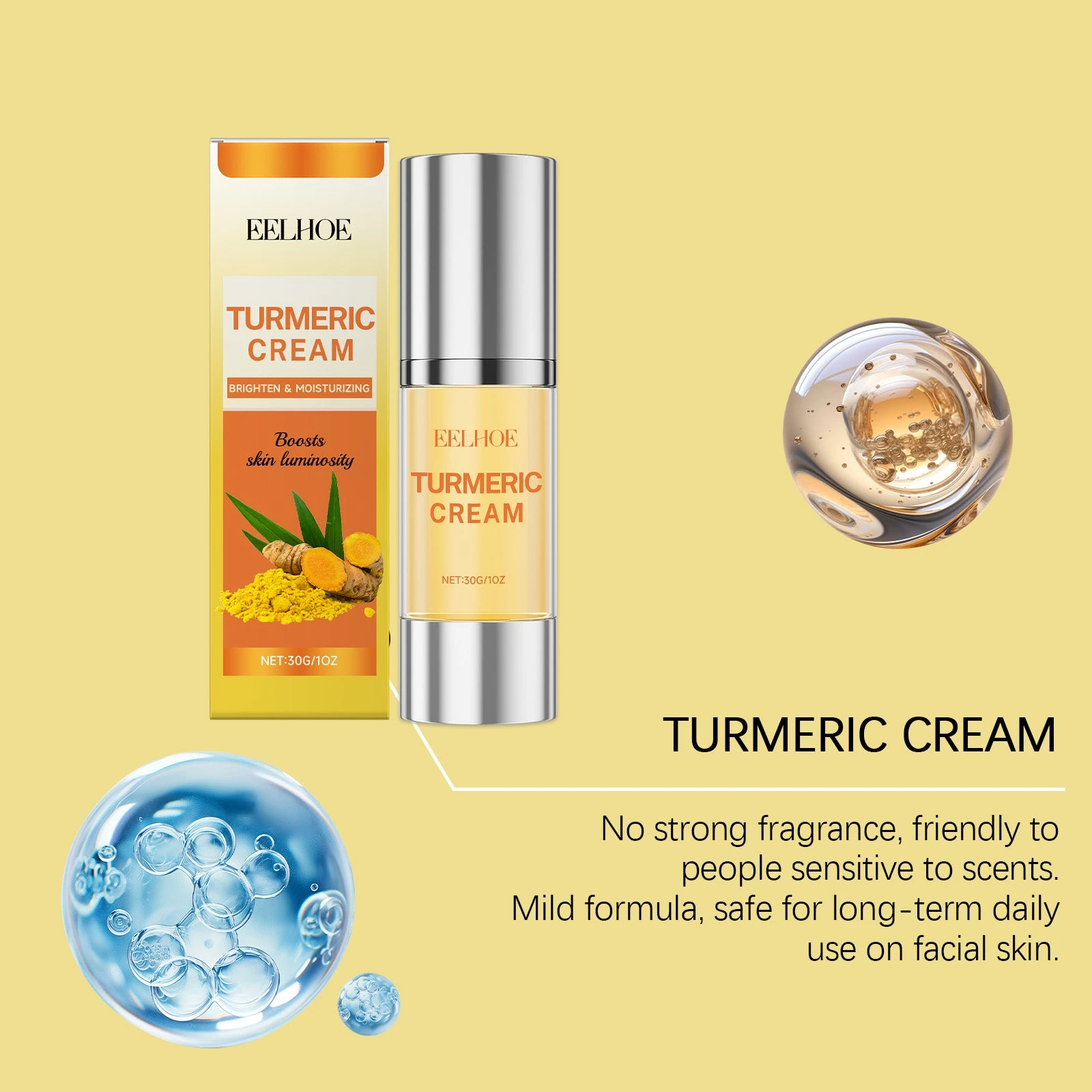 Turmeric cream bottle in its texture and fragrance artwork