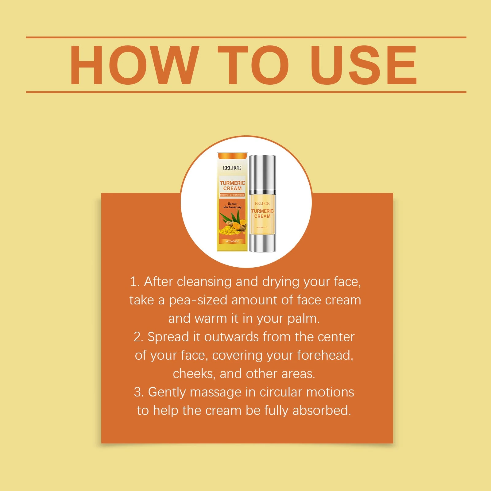 Directions to warm a pea-sized amount and spread cream outwards over the face