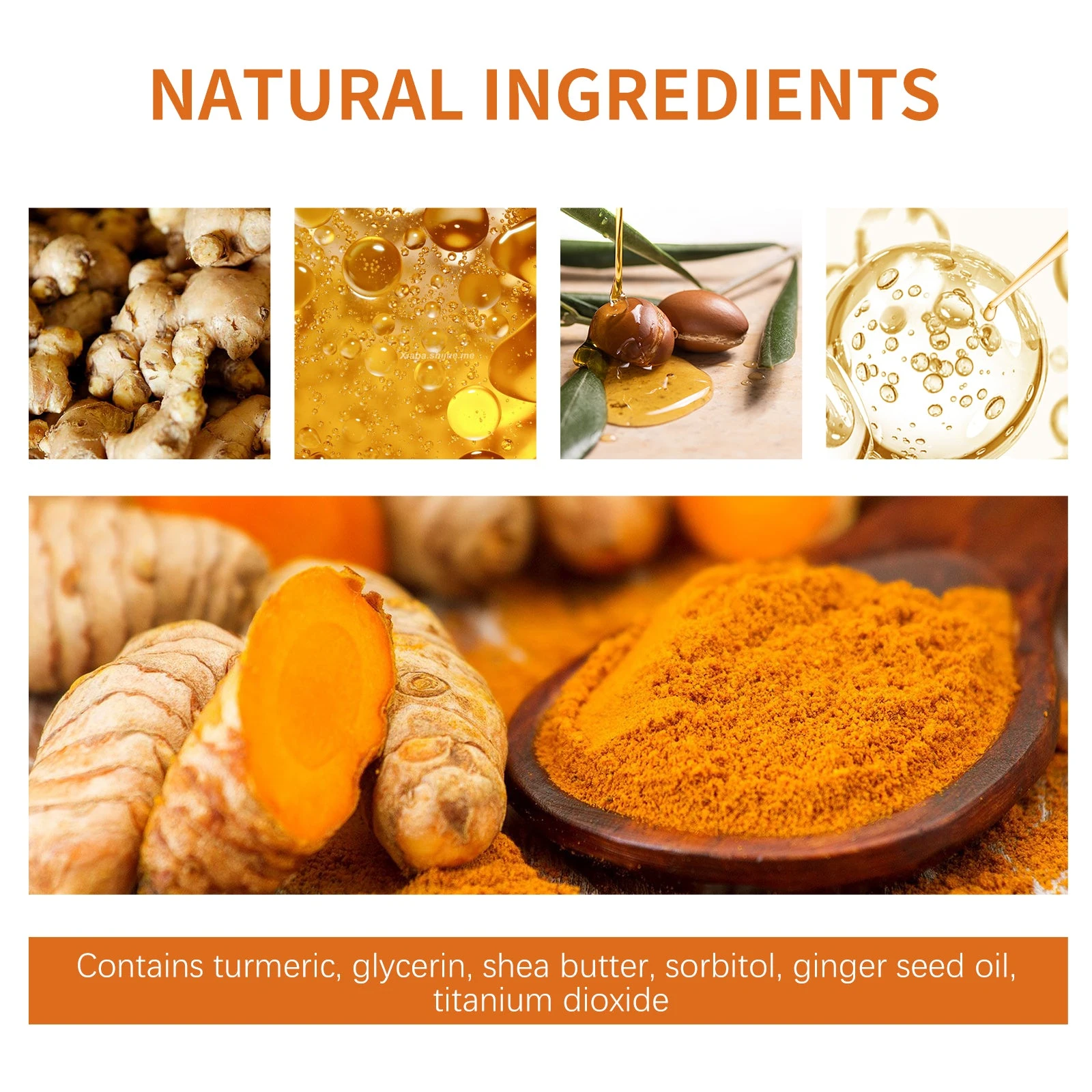 Soap ingredients naming turmeric, glycerin, shea butter and sorbitol