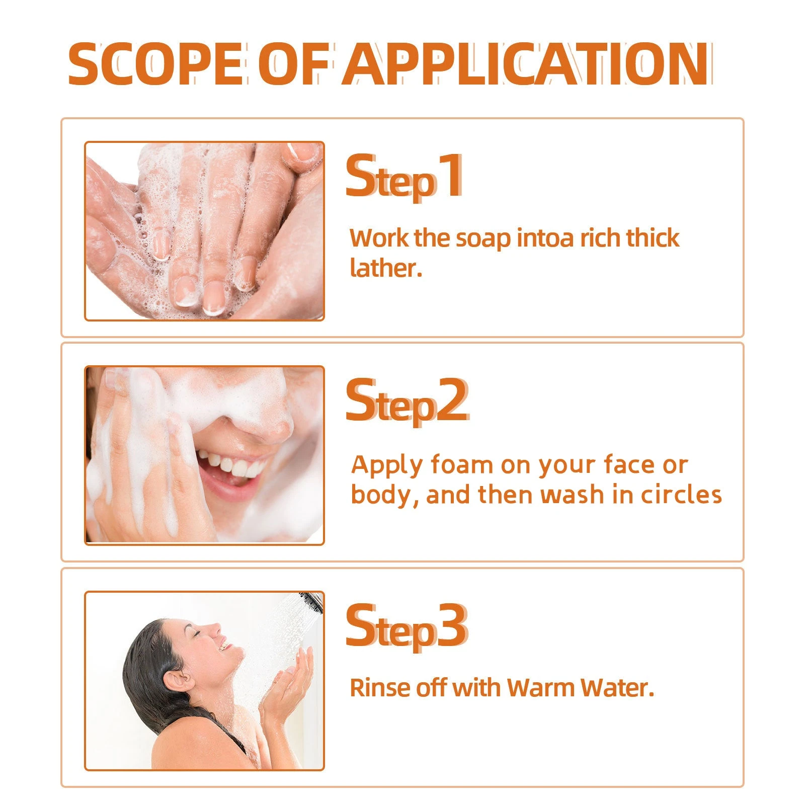 Three-step guide to lathering, washing the face or body and rinsing