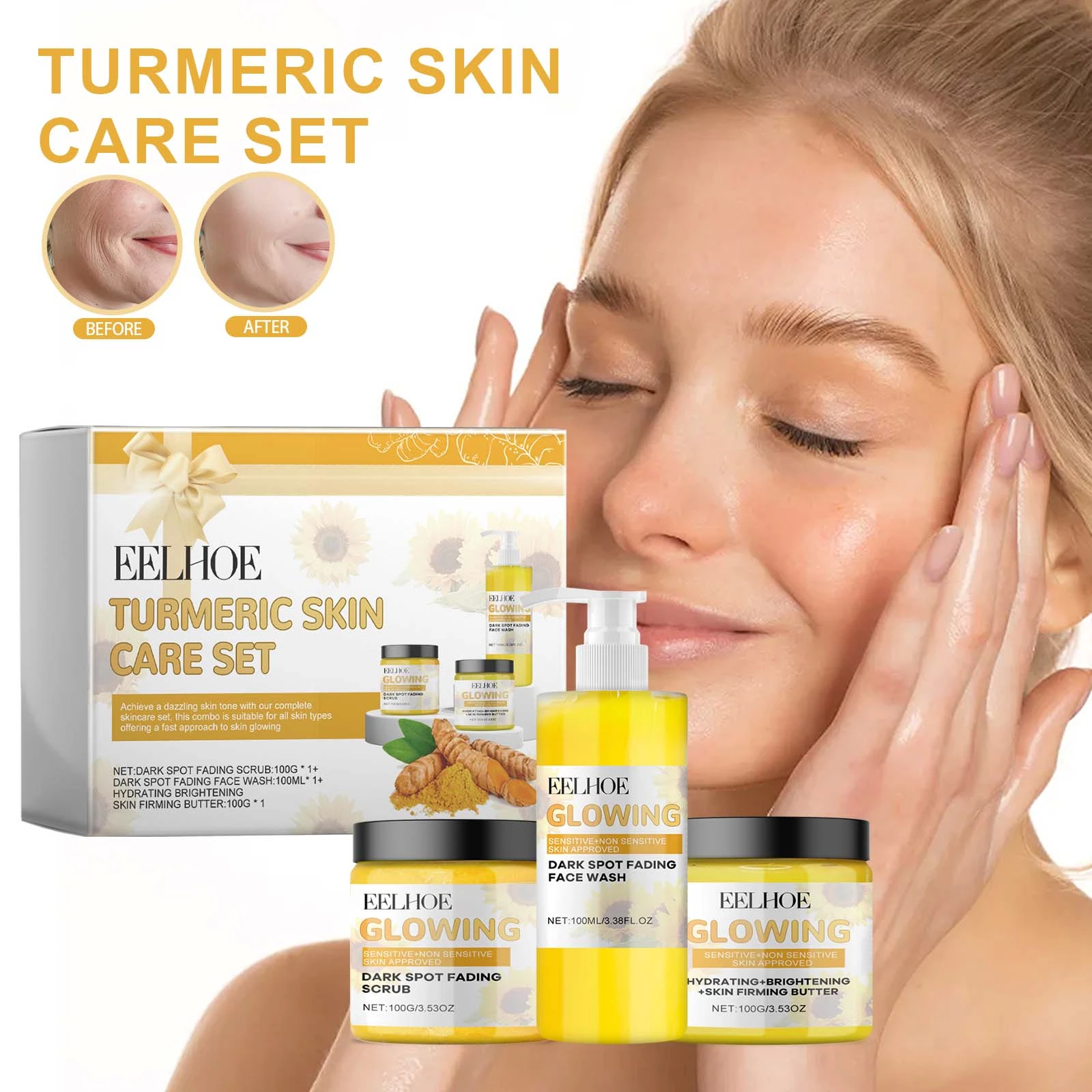 EELHOE Turmeric Skin Care Set — The coordinated set with facial skin-care photography.