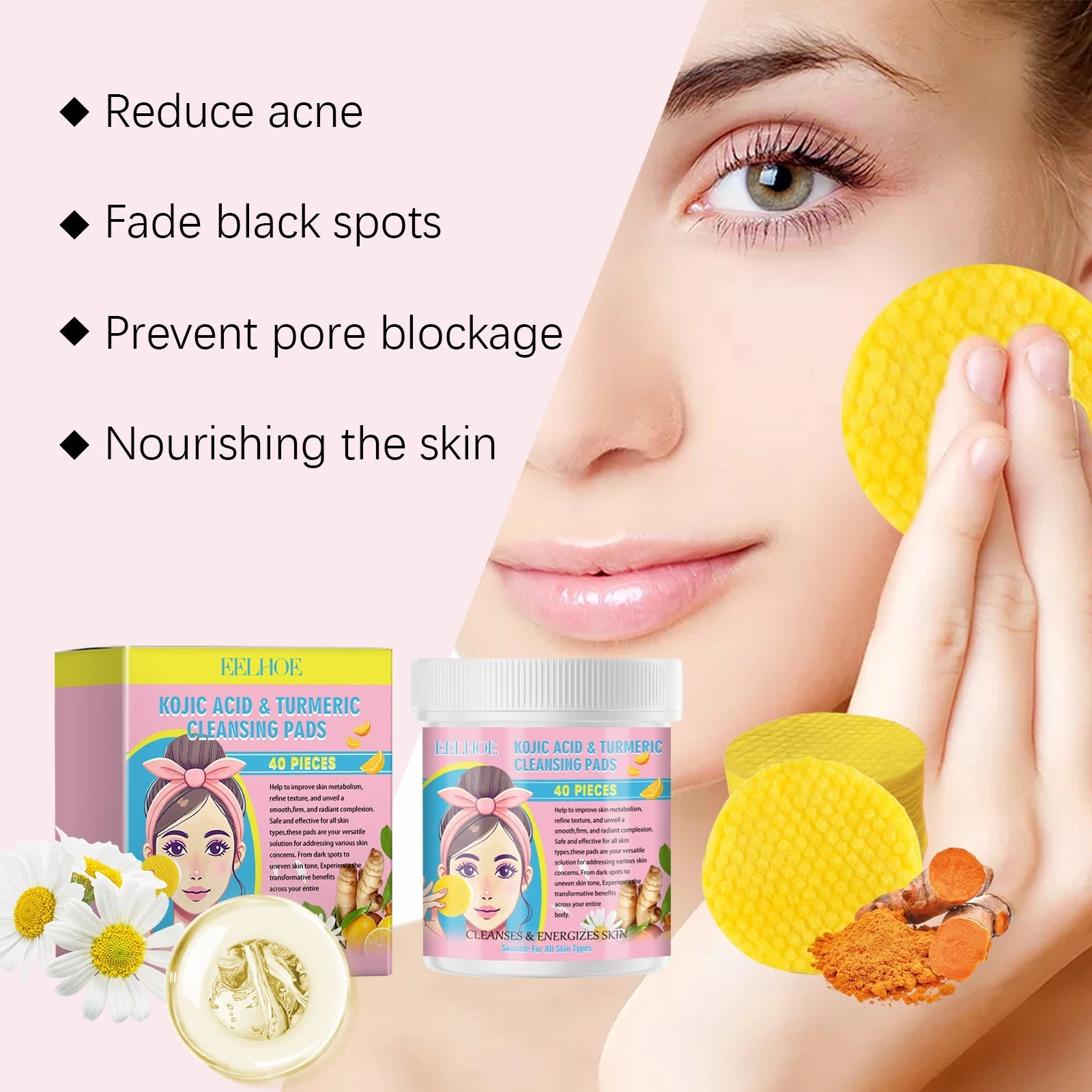 Turmeric and kojic acid cleansing-pad artwork with the pink 40-pad jar