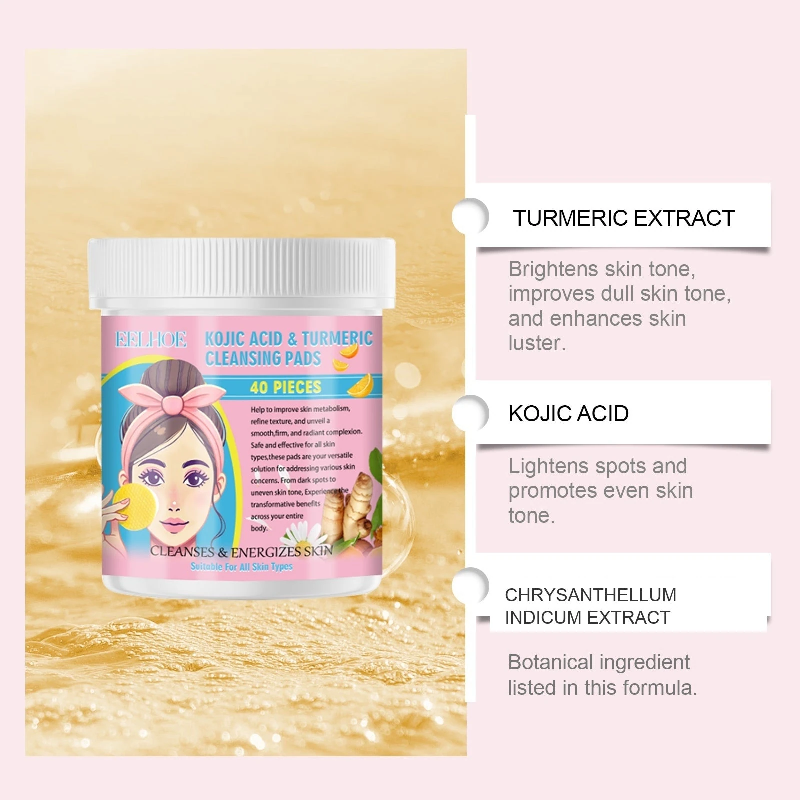 Pink 40-count cleansing pads artwork highlighting turmeric kojic acid and Chrysanthellum indicum extract
