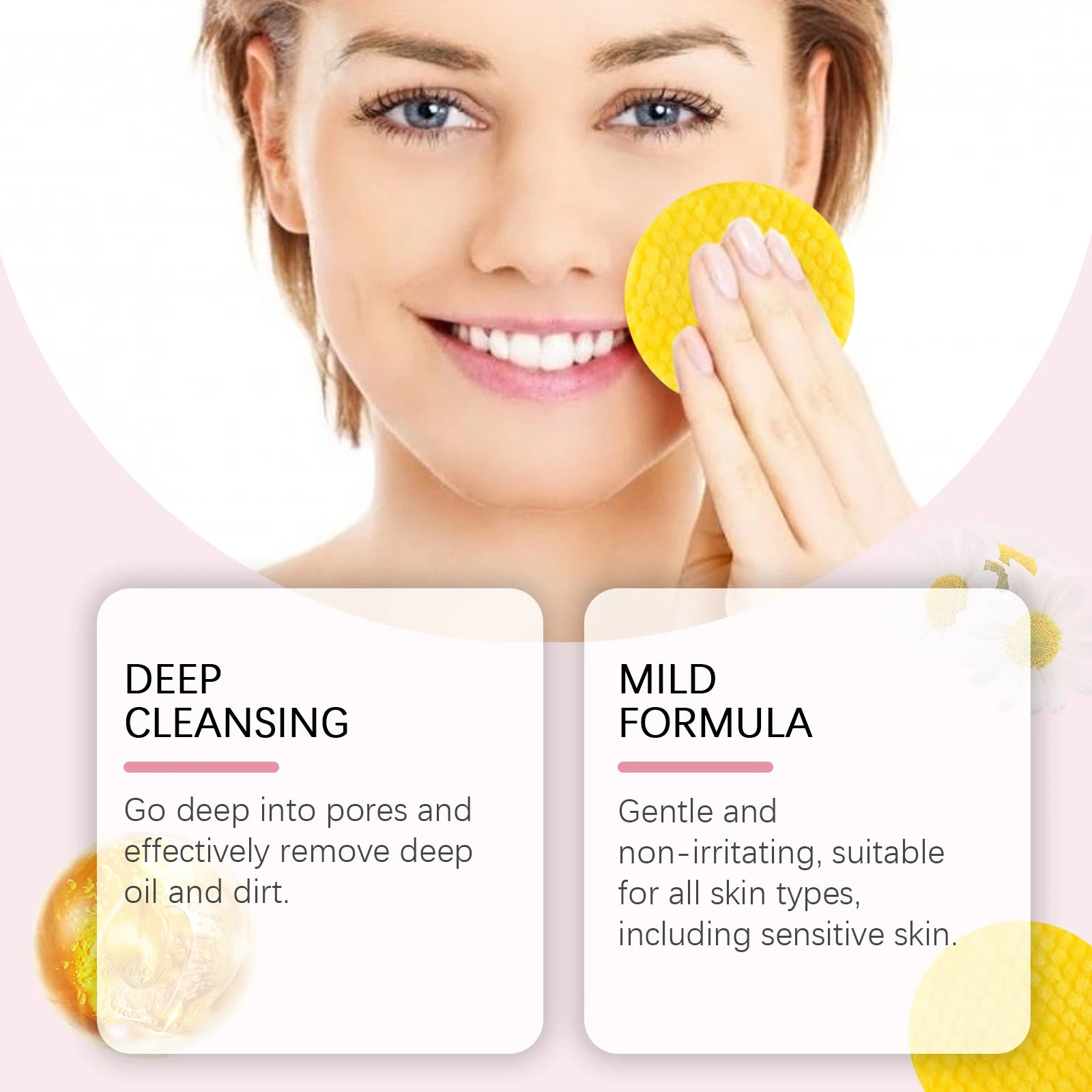 Illustration of gently sweeping the face with a yellow cleansing pad