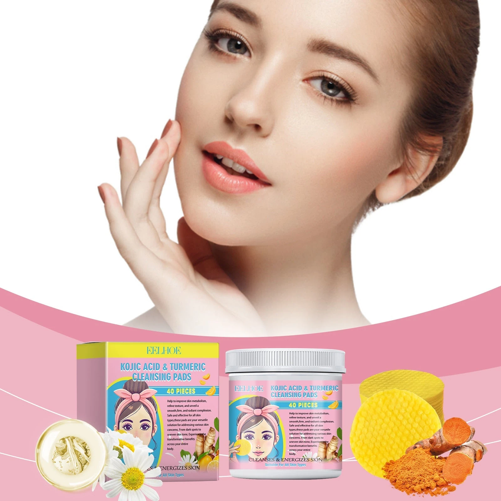 Pink EELHOE 40-count turmeric cleansing pads jar and box with a model