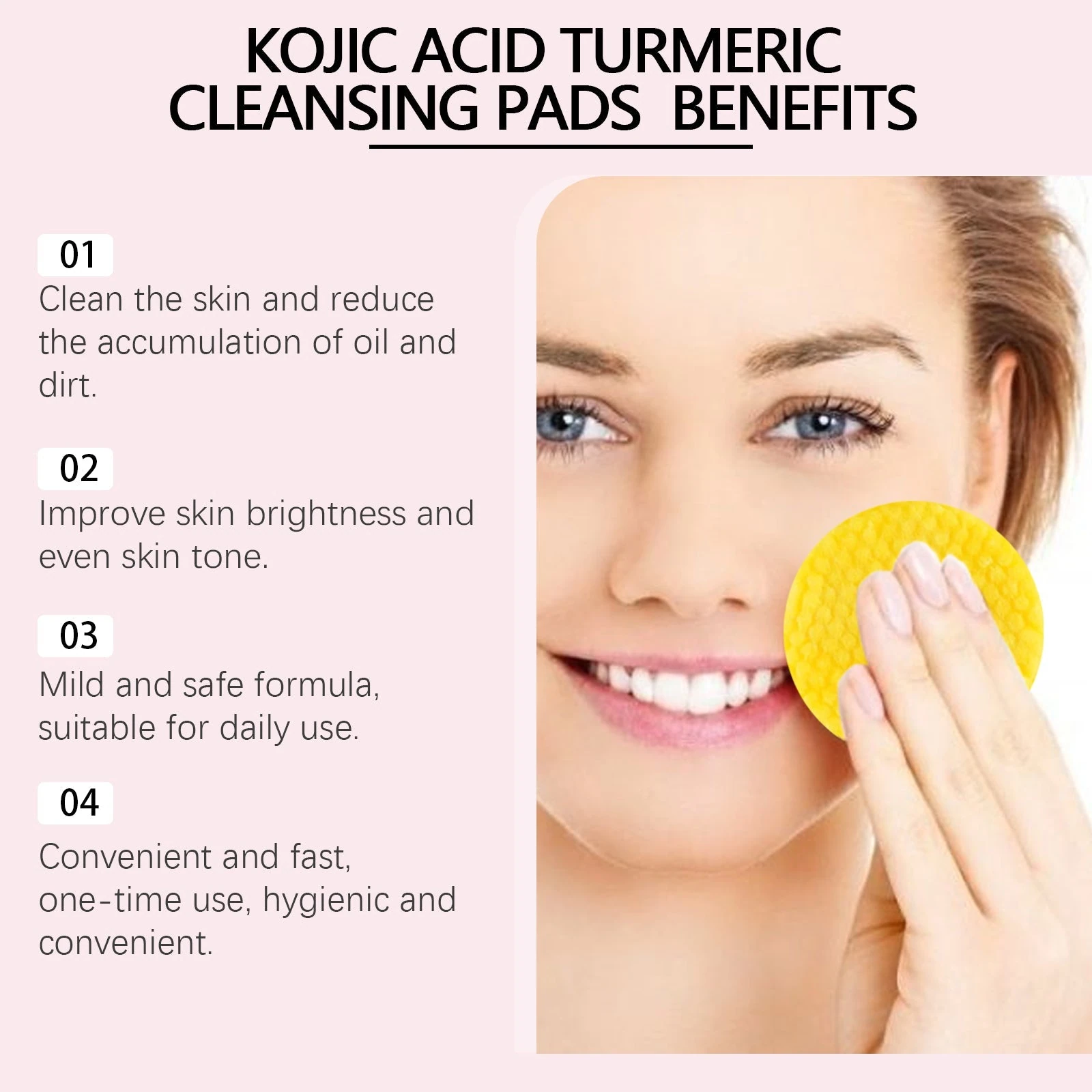 Pink-jar turmeric cleansing pad artwork summarizing cleansing brightening and single-pad convenience