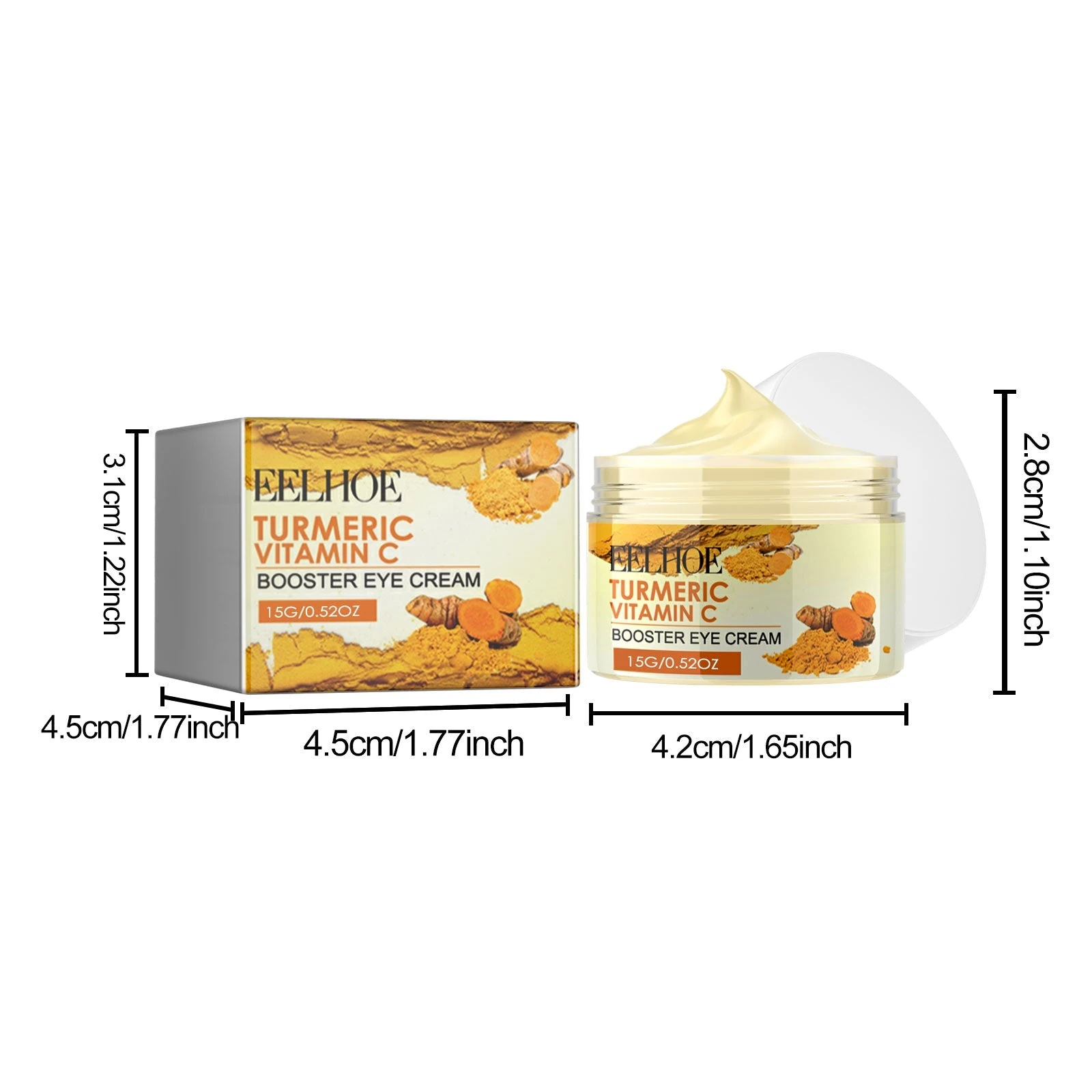 Dimensions of the 15g EELHOE eye cream jar and matching box