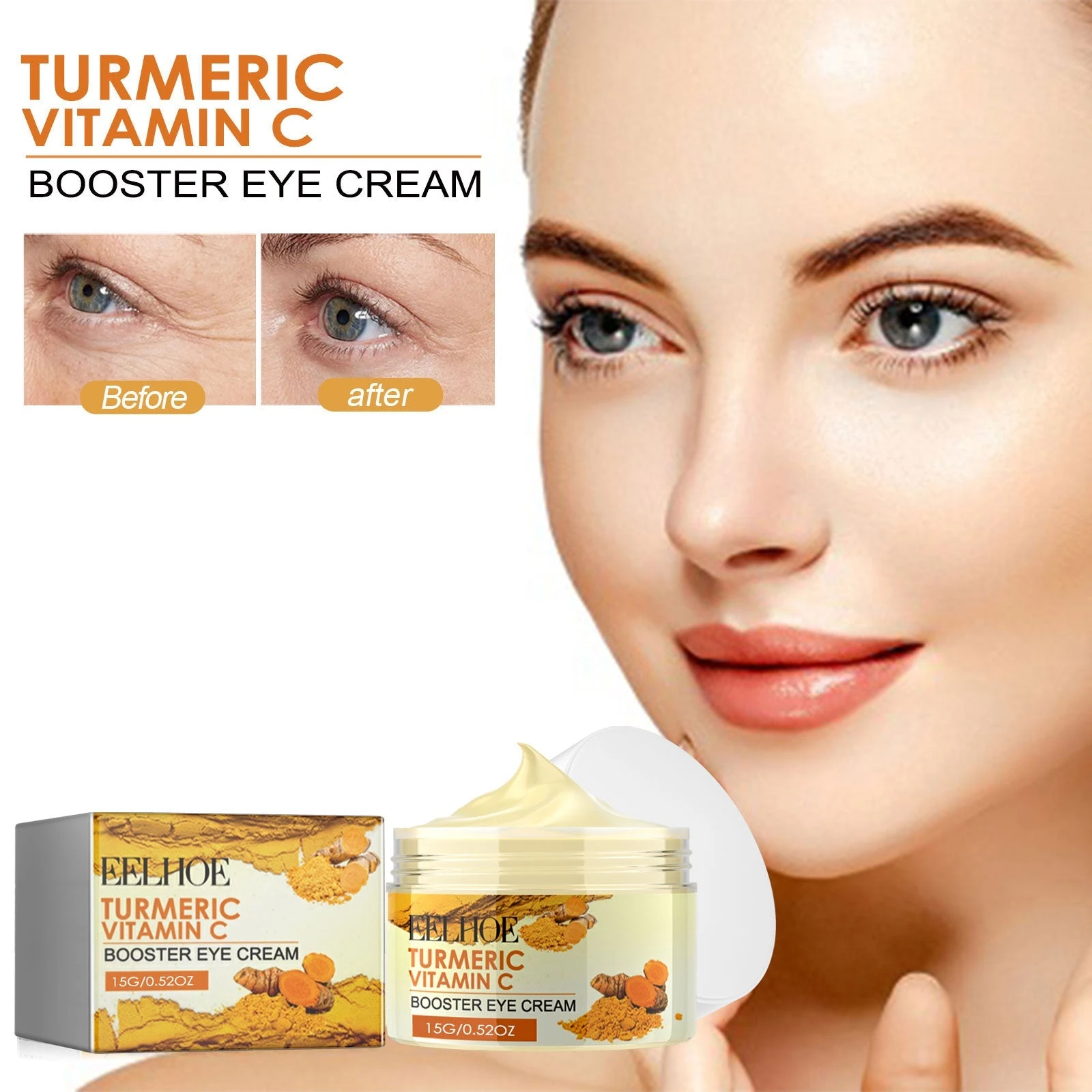 EELHOE vitamin C eye cream with a model and eye-area product imagery