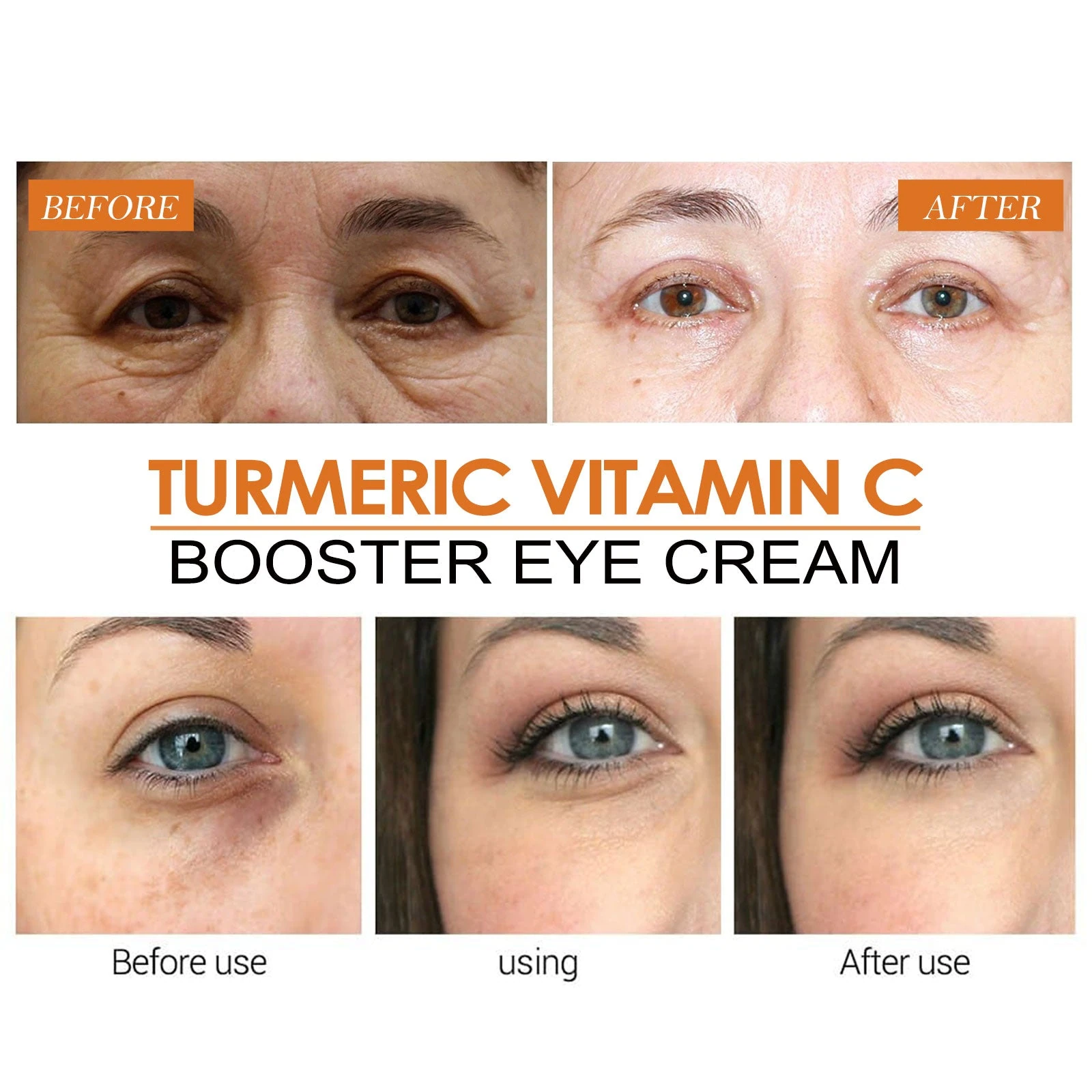 Eye cream promotional artwork with several close-up under-eye comparisons