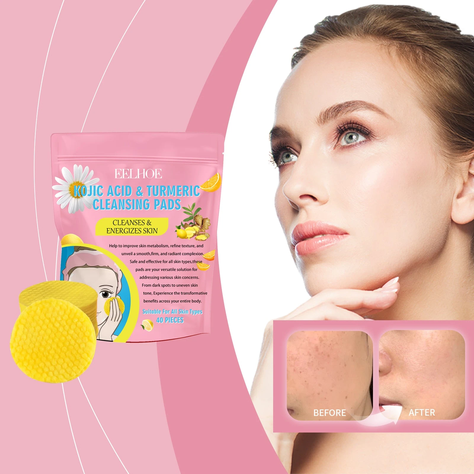 EELHOE Turmeric Cleansing Pads — Cleansing pouch with facial skin-care imagery.