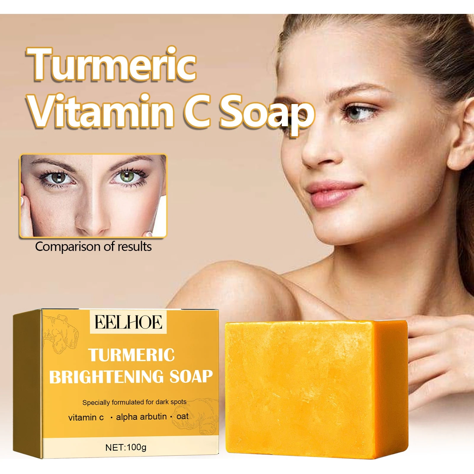 Turmeric vitamin C soap and carton beside a model