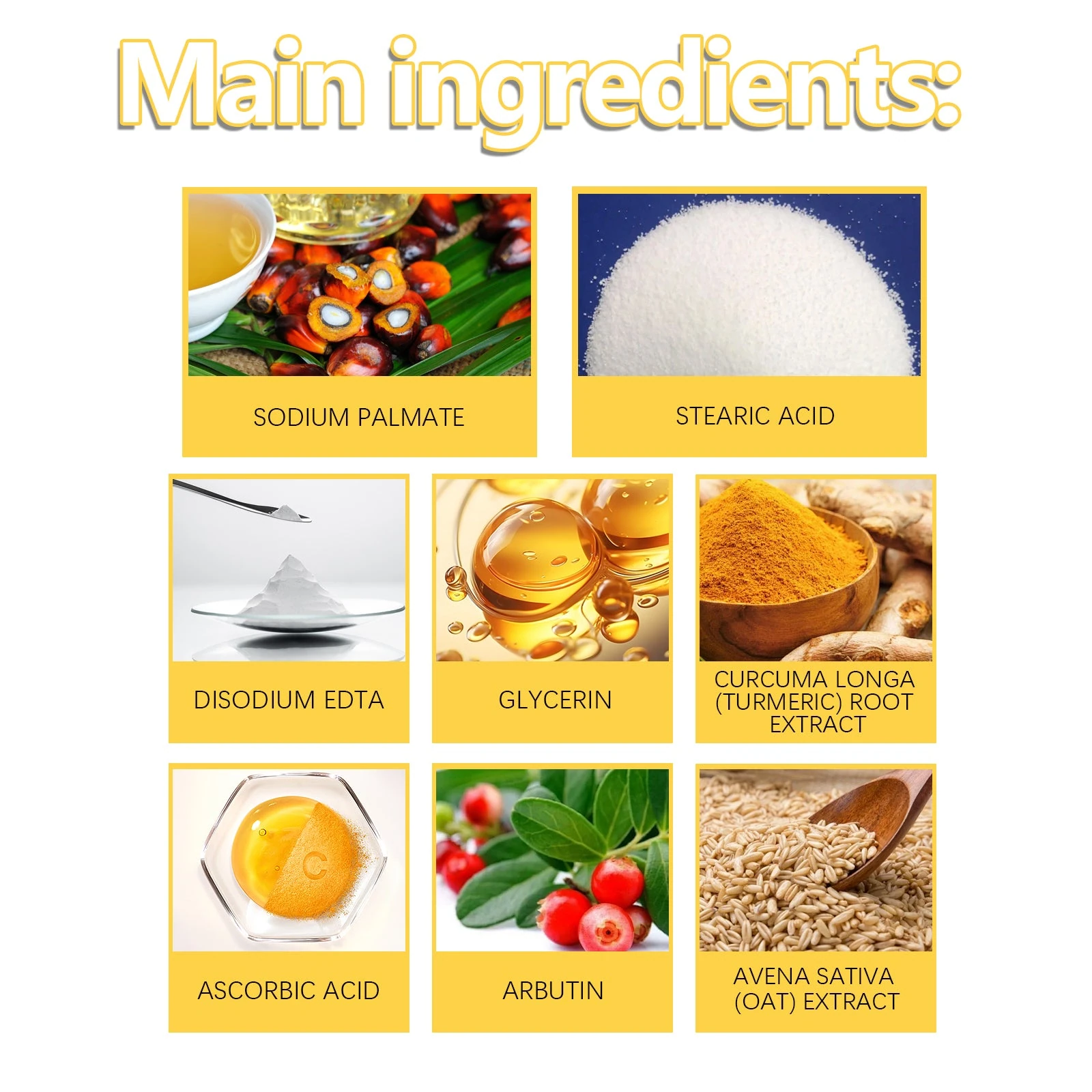 Soap ingredient panel with ascorbic acid, arbutin, oat, turmeric and glycerin