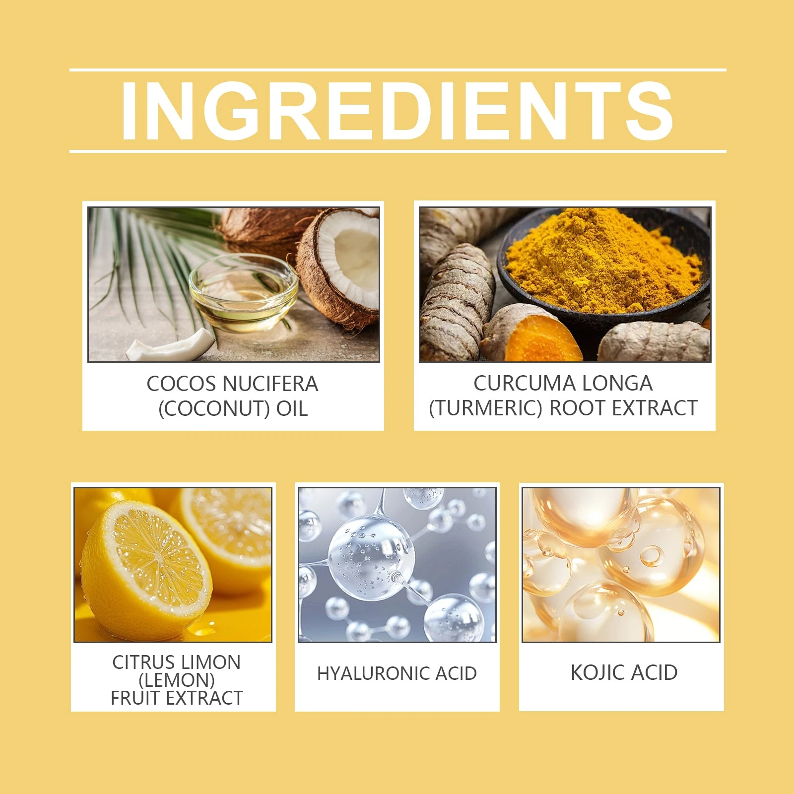 EELHOE Lemon Turmeric Soap — Coconut oil, turmeric, lemon, hyaluronic acid and kojic acid are named ingredients.