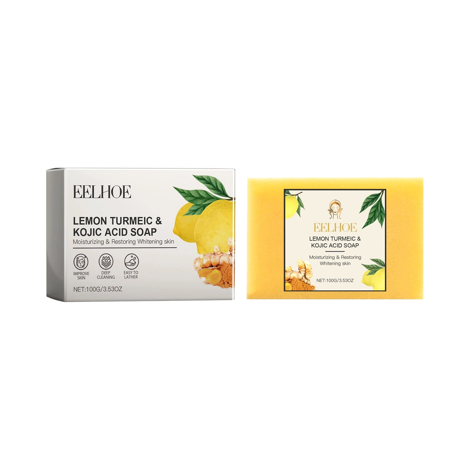 EELHOE Lemon Turmeric Soap — The 100g square bar with matching EELHOE packaging.