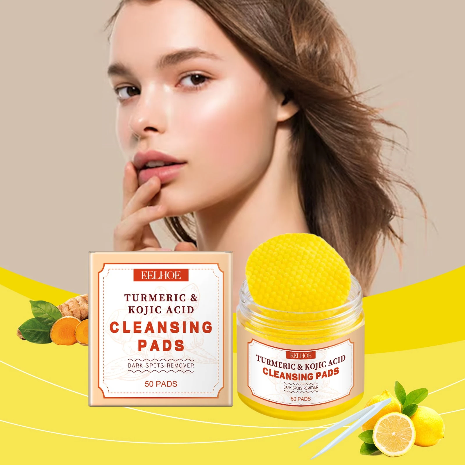 EELHOE Turmeric Facial Pads — Textured pads and tweezers with skin-care photography.