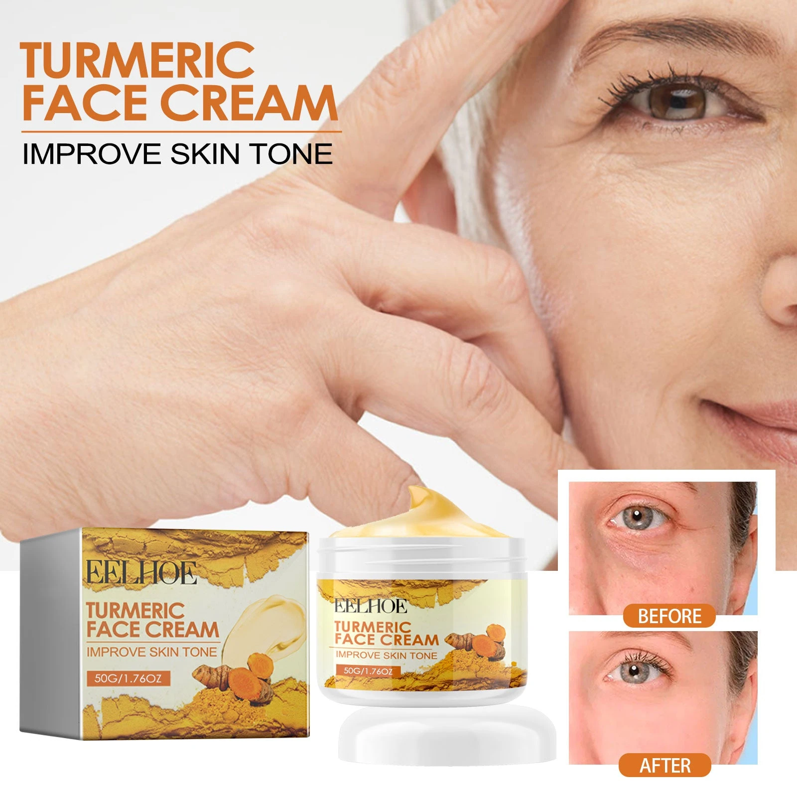 EELHOE Turmeric Face Moisturizer — Jar moisturizer with facial skin-texture artwork.