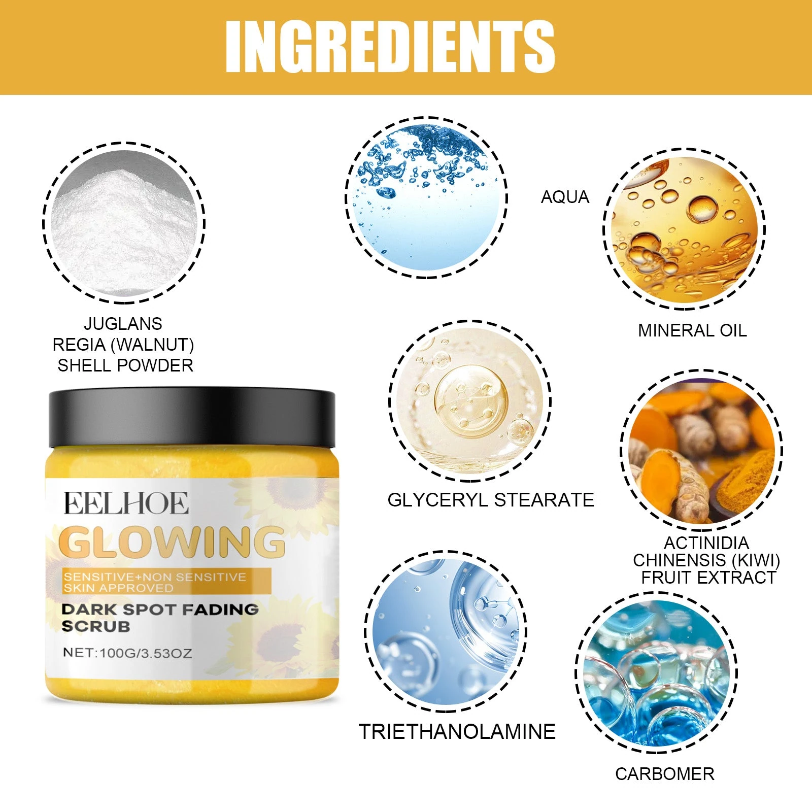 EELHOE Turmeric Skin Care Set — Facial scrub ingredient panel including walnut shell powder.