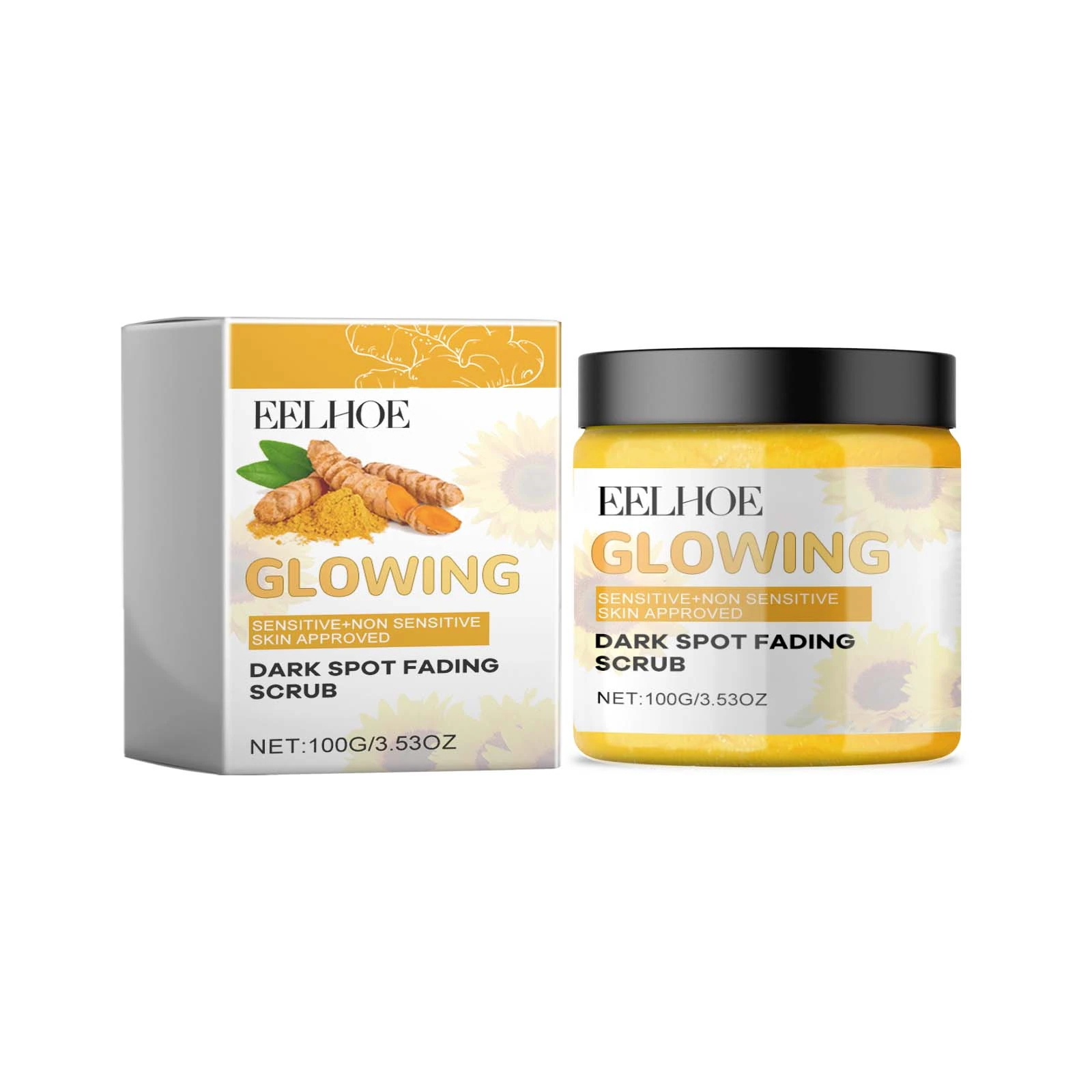 EELHOE Turmeric Facial Scrub — The facial scrub jar and matching box supplied for this listing.