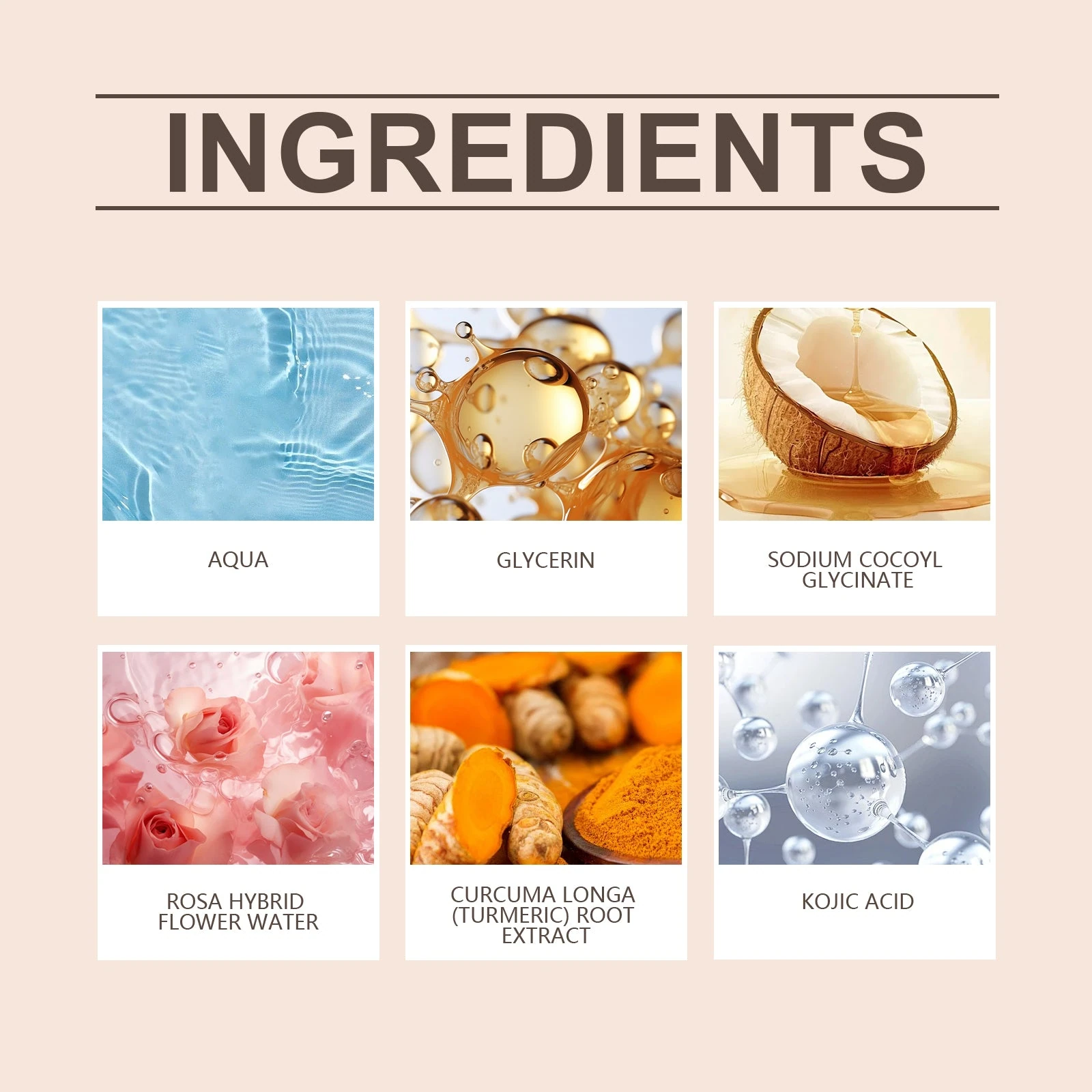 EELHOE Turmeric Face Wash — Glycerin, rose water, turmeric, kojic acid and cleansing ingredient panel.