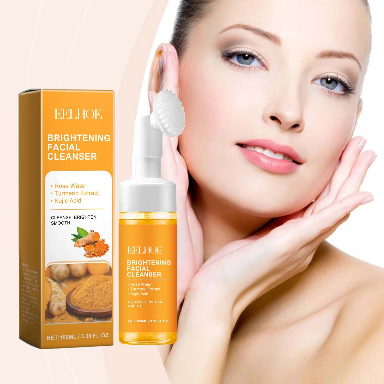 EELHOE Turmeric Face Wash — Brush-head wash with facial skin-care photography.