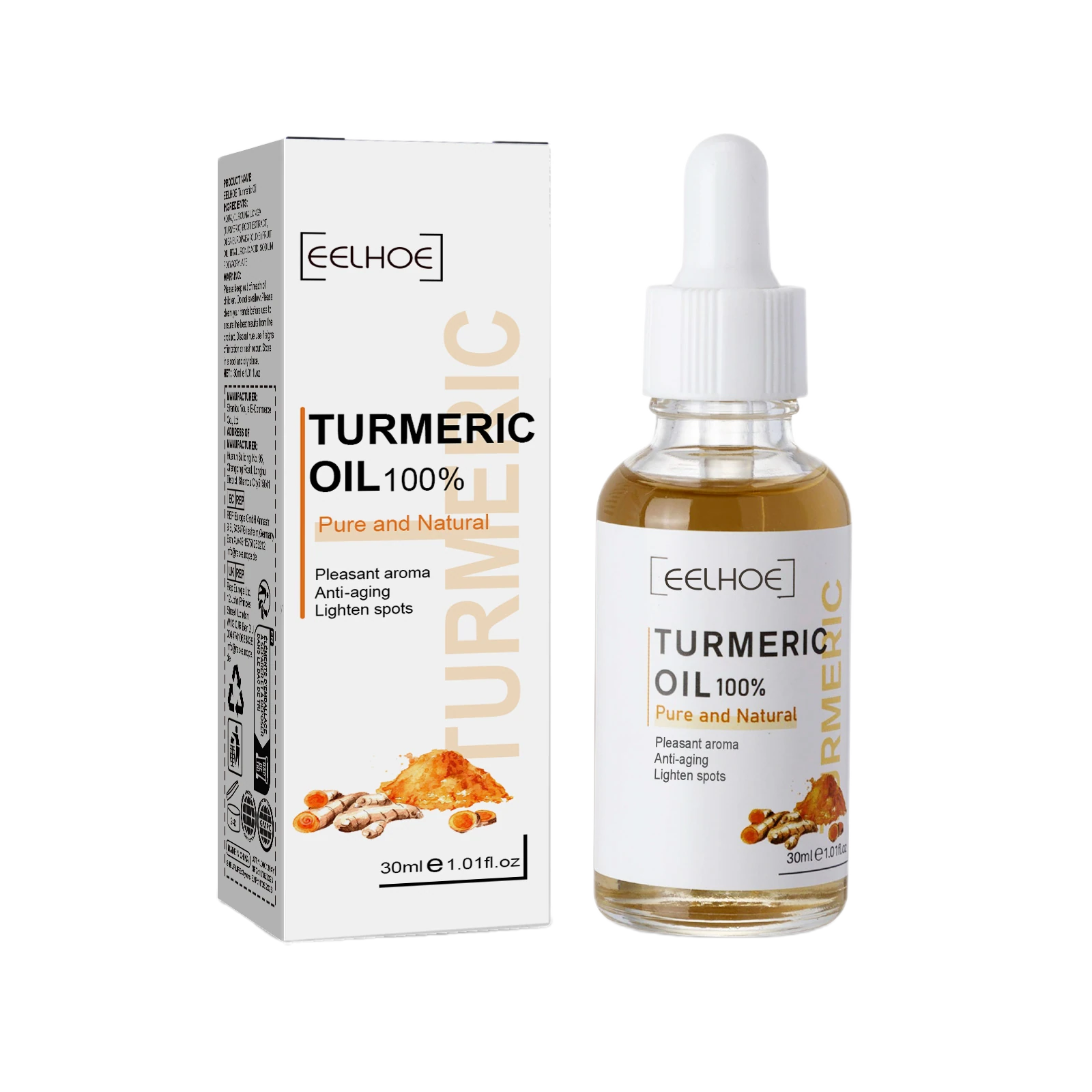EELHOE 30ml turmeric face serum dropper bottle labelled Turmeric Oil with its box