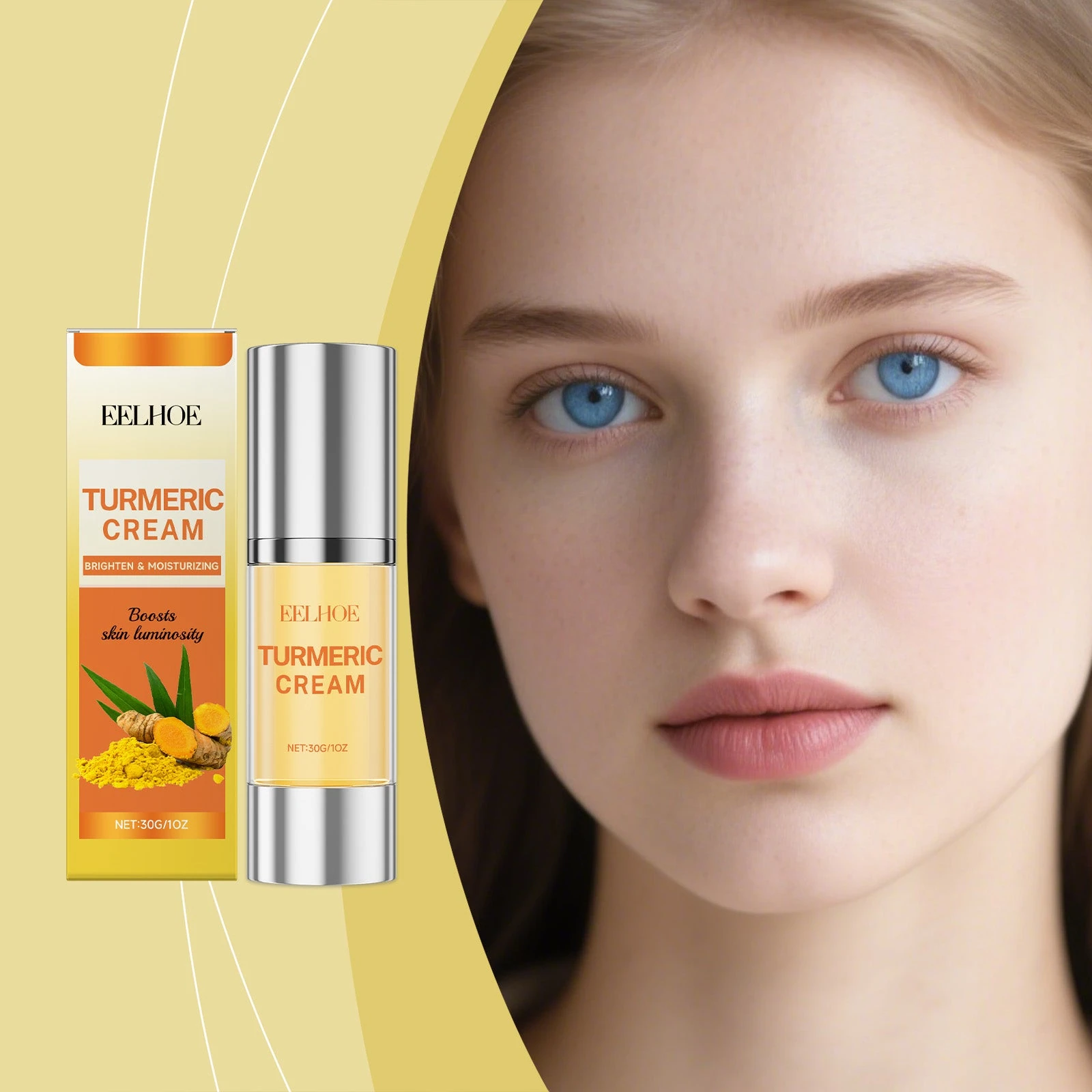 EELHOE Turmeric Face Cream — Bottled face cream with facial skin-care photography.