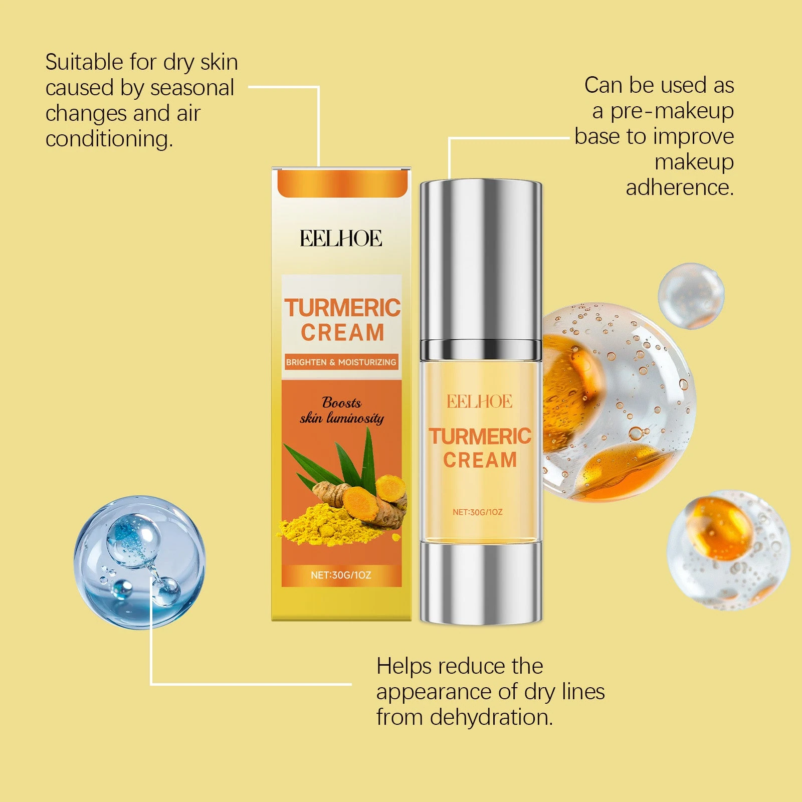EELHOE Turmeric Face Cream — Moisture care and pre-makeup application artwork.