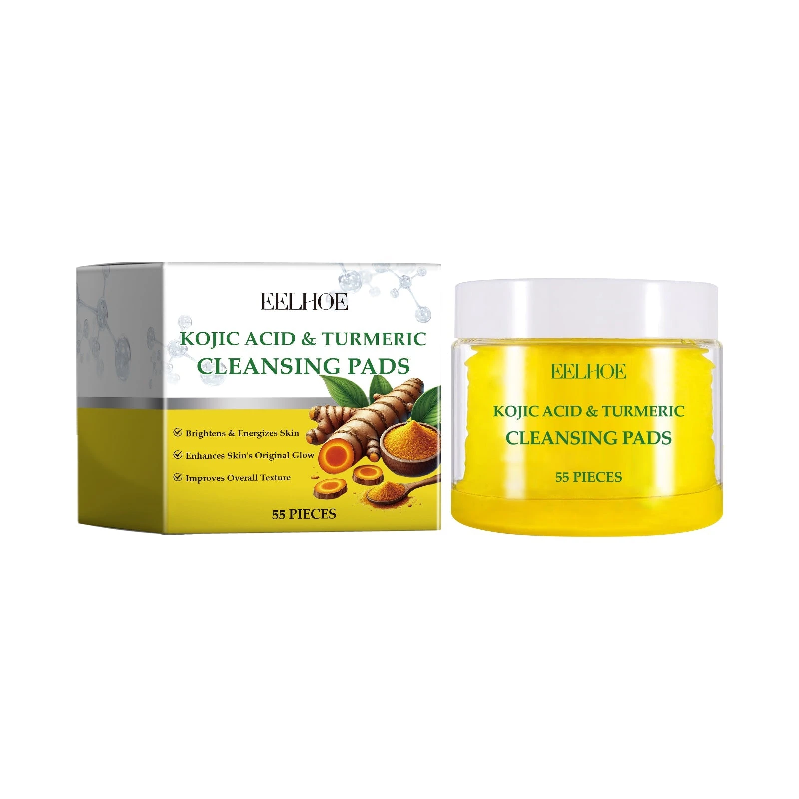 Yellow EELHOE turmeric and kojic acid cleansing pad jar with white lid