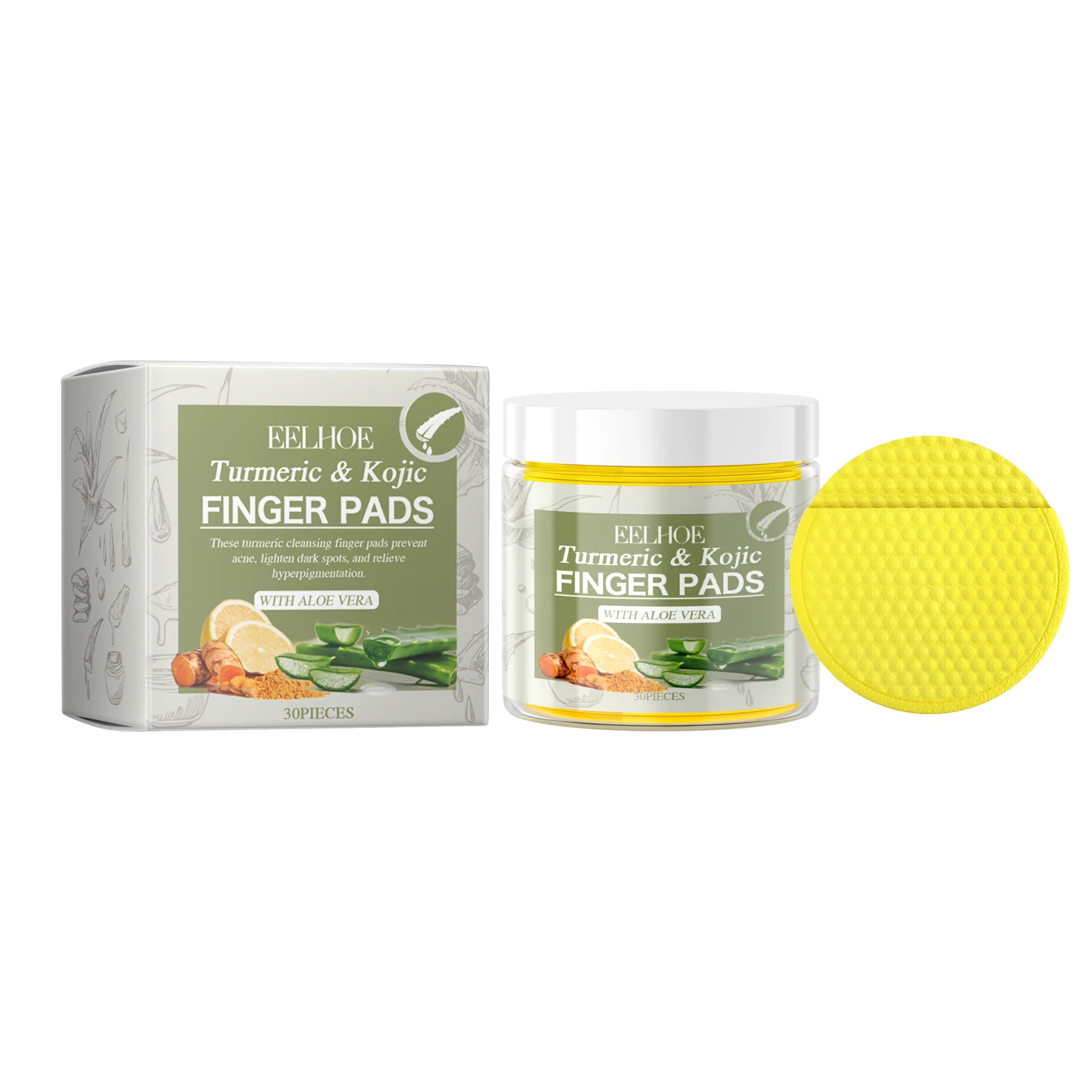 EELHOE Turmeric Face Pads — 30-pad green-labelled jar and textured yellow finger pads.