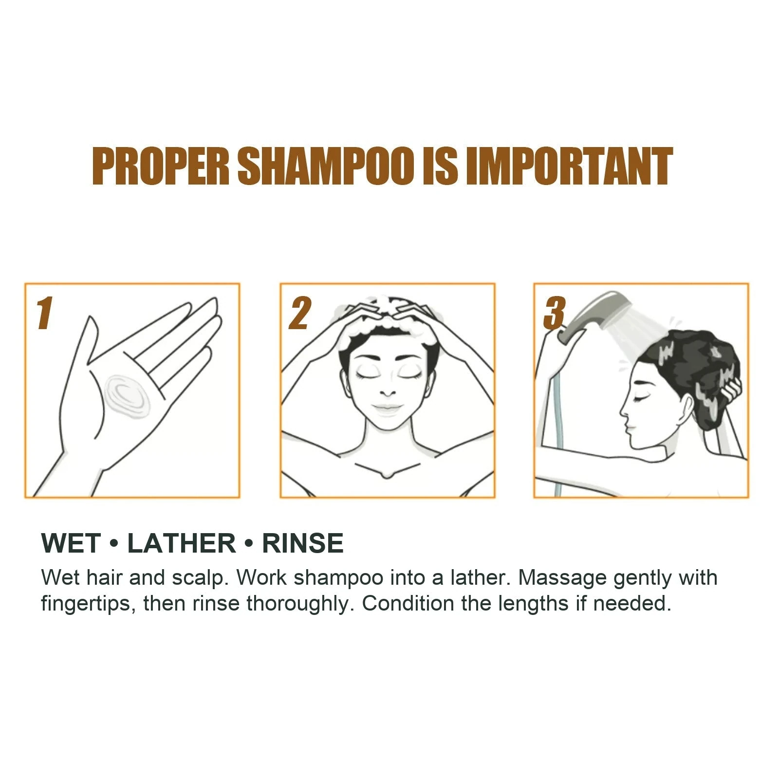 Ginger shampoo directions showing wet hair, gentle lathering and a thorough rinse