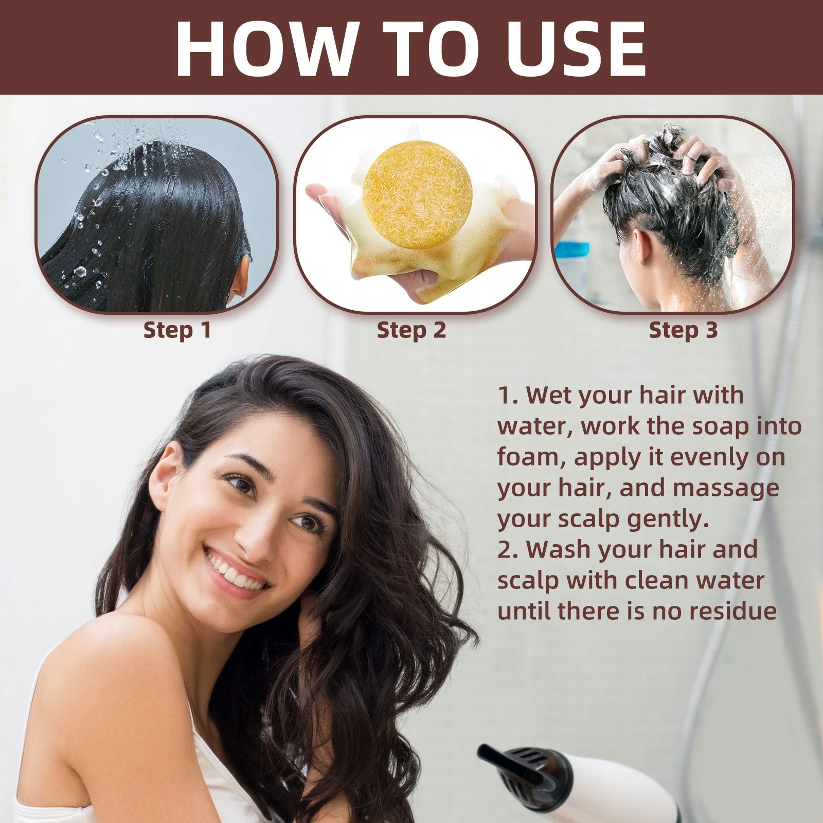 EELHOE Solid Shampoo Bar — Wet hair, build foam, massage the scalp and rinse thoroughly.