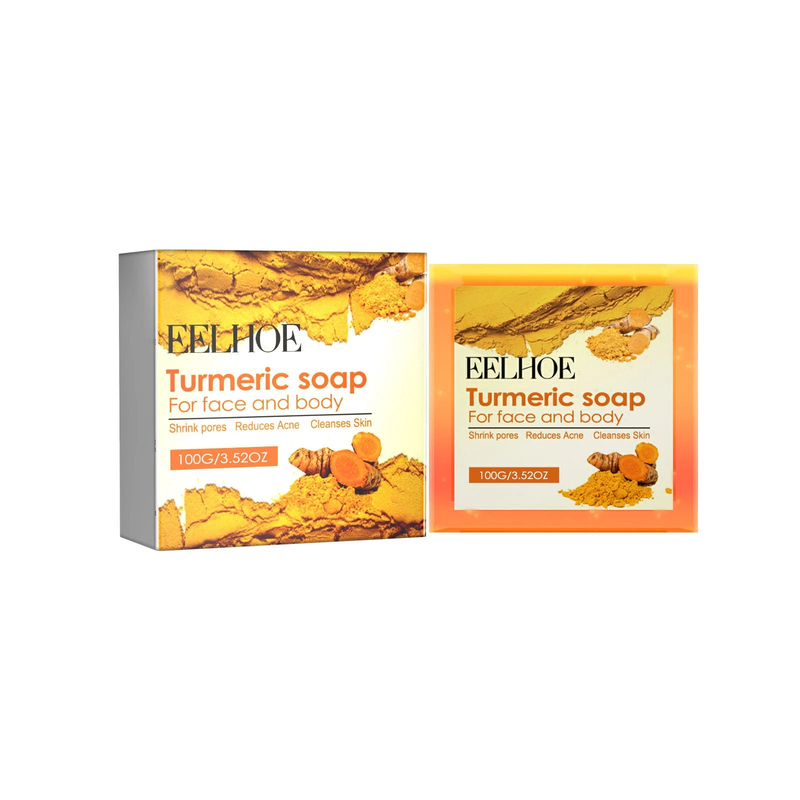 EELHOE Turmeric Soap For Face — 100g square turmeric face-and-body soap with carton.