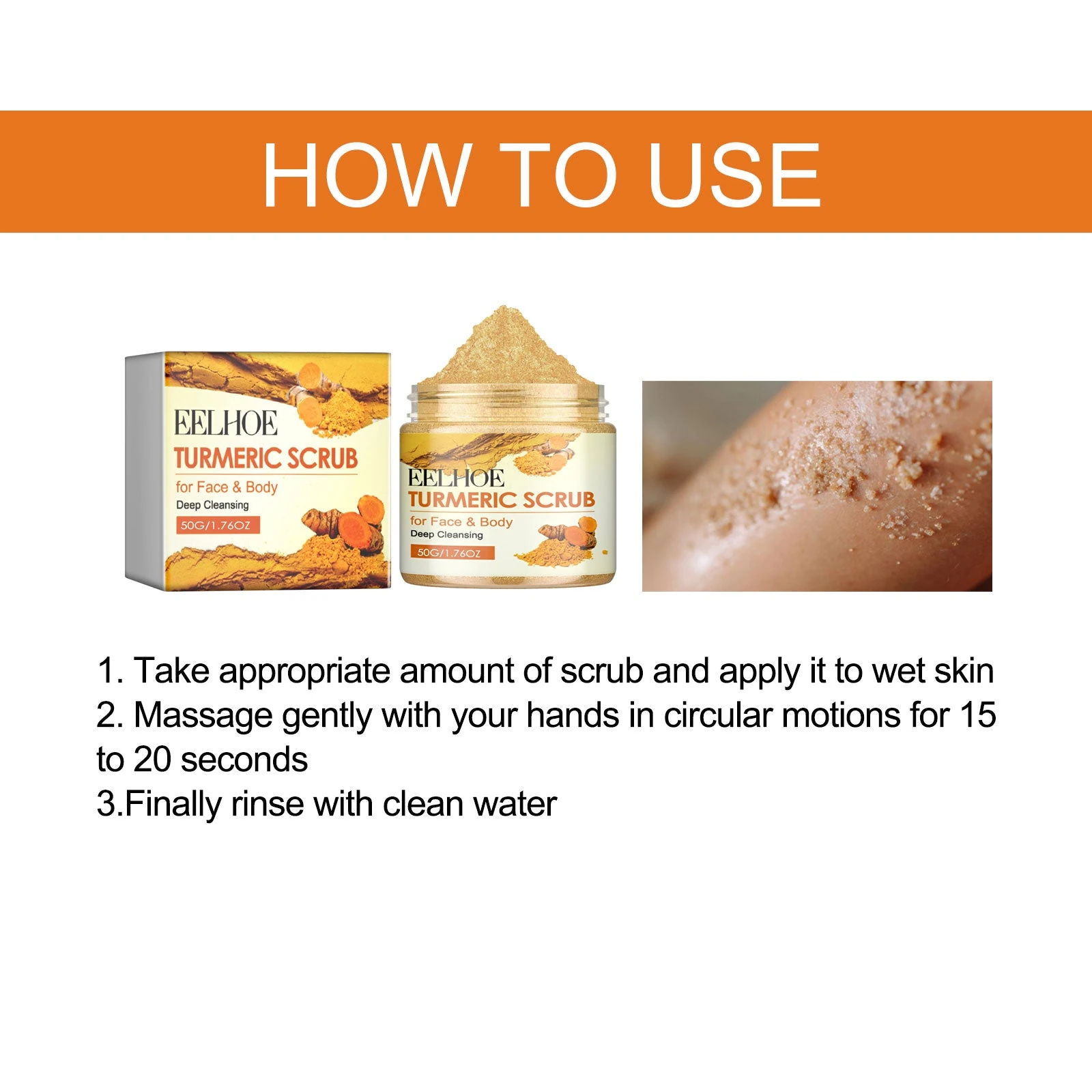 EELHOE Shea Butter Scrub — Wet skin, short circular massage, thorough rinse.