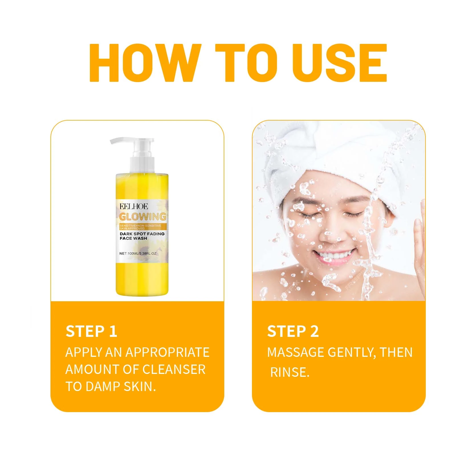 EELHOE Turmeric Skin Care Set — Face wash: apply to damp skin, massage and rinse.