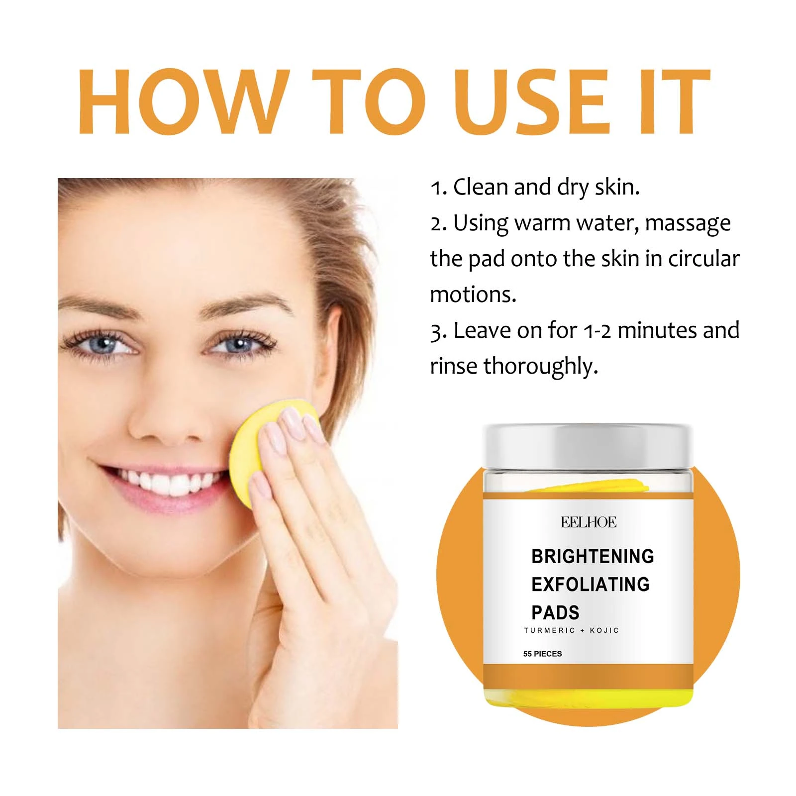 EELHOE Turmeric And Kojic Acid Pads — Moisten, sweep gently, wait 1–2 minutes and rinse.