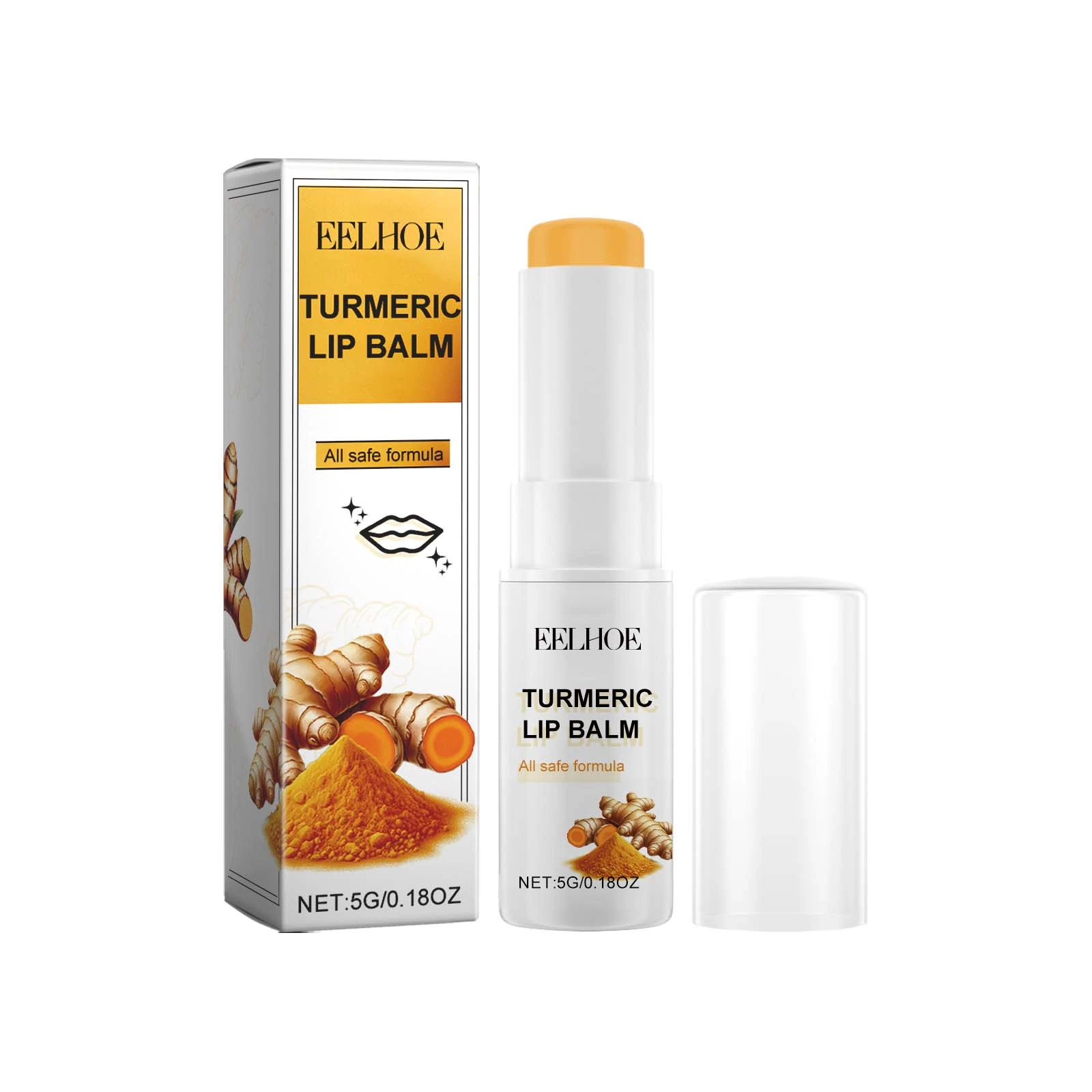 EELHOE turmeric lip balm in a 5g twist-up stick with carton