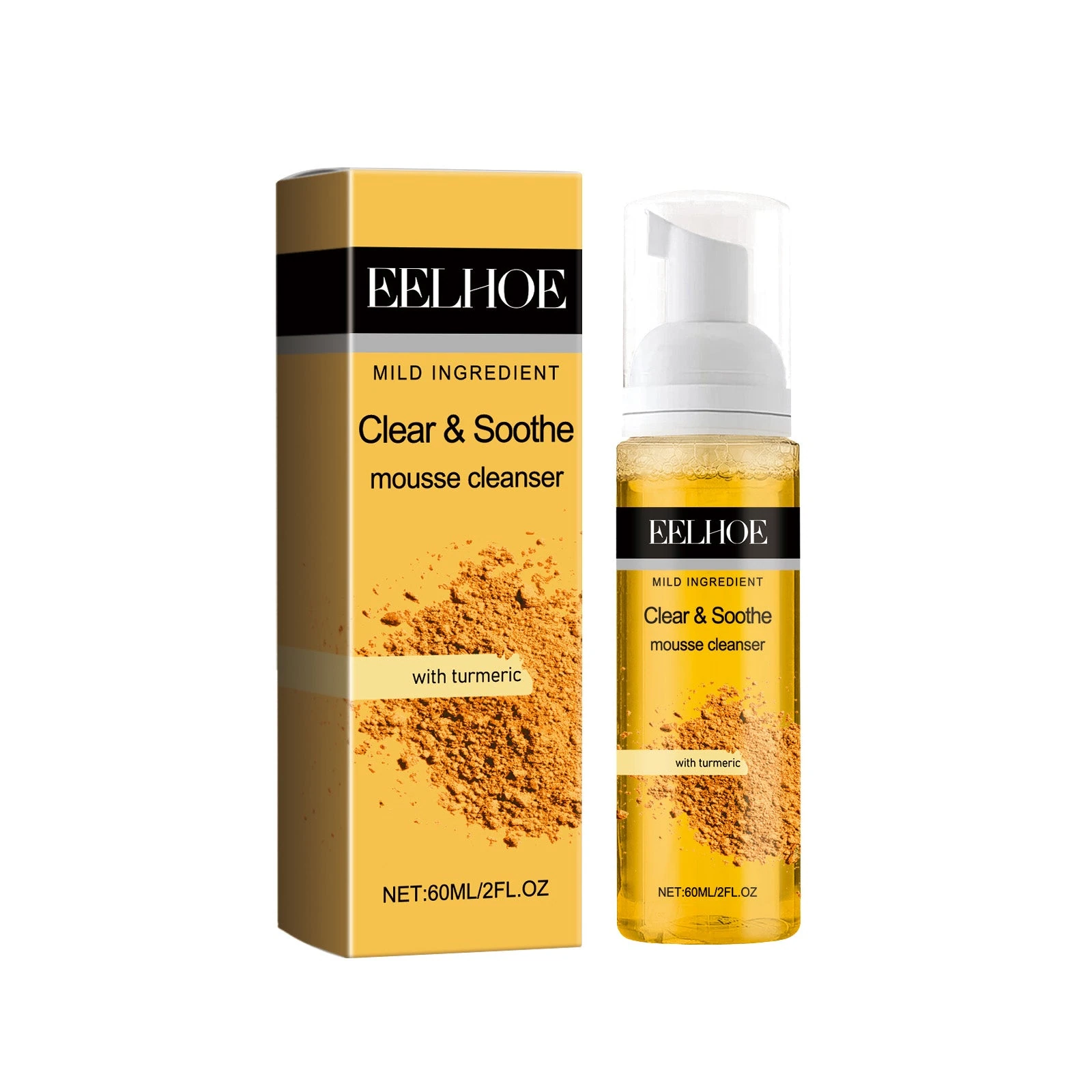 EELHOE Turmeric Foaming Cleanser — 60ml mousse-pump cleanser and carton.