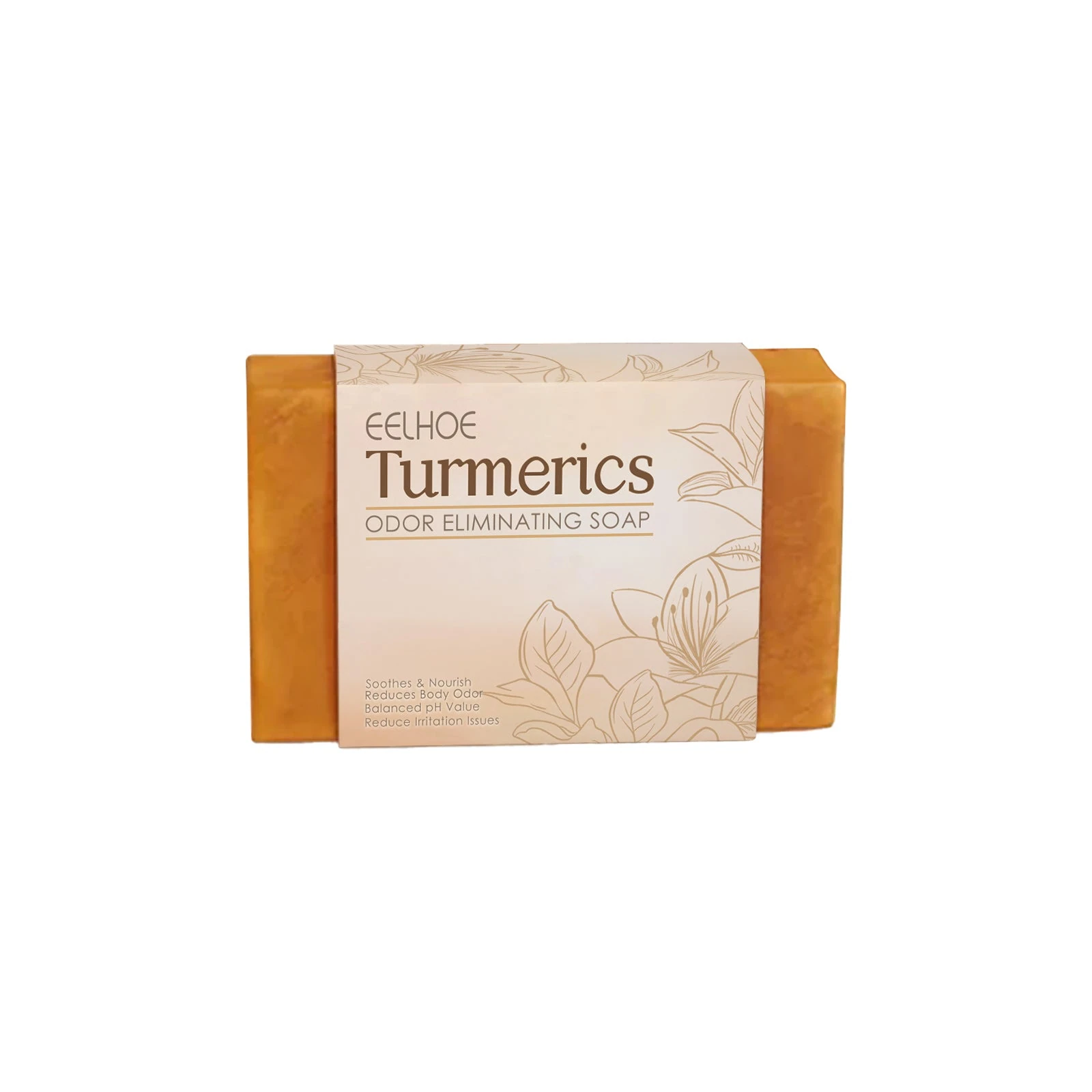 EELHOE Turmeric Body Soap — Turmeric body cleansing bar and printed sleeve.