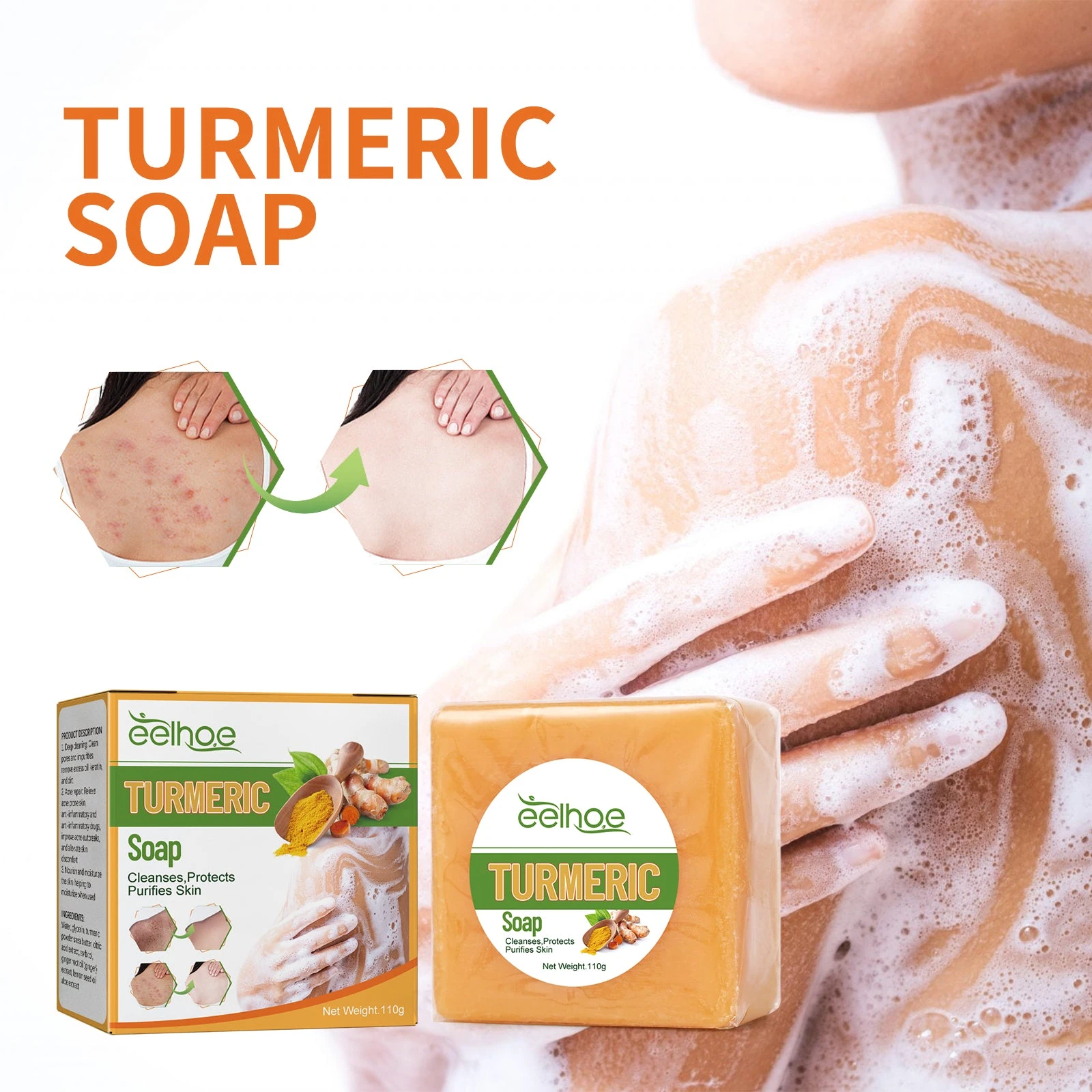 EELHOE Turmeric Face Soap — Soap bar and body-lather photography.