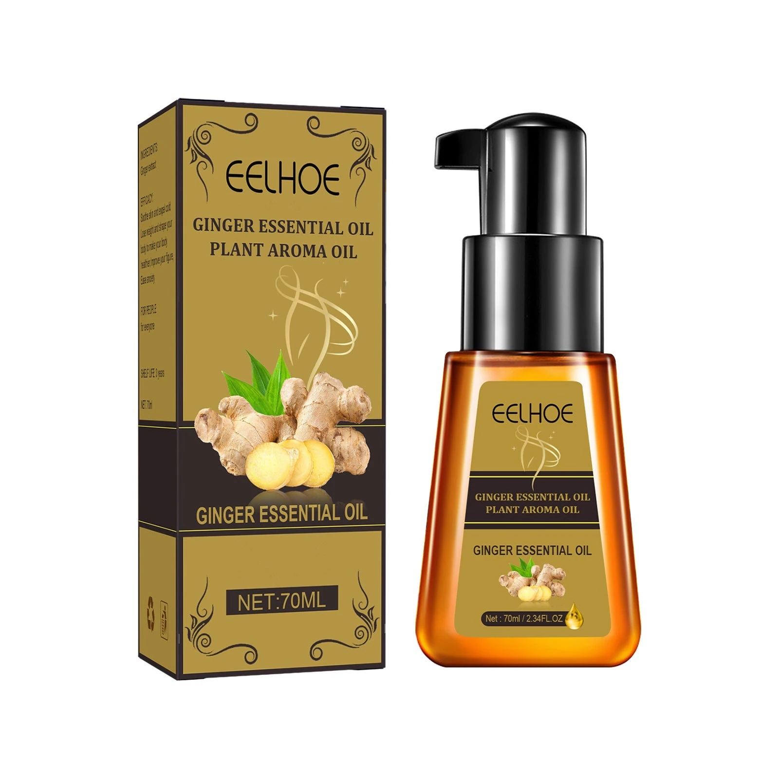 EELHOE 70ml ginger body massage oil pump bottle and carton
