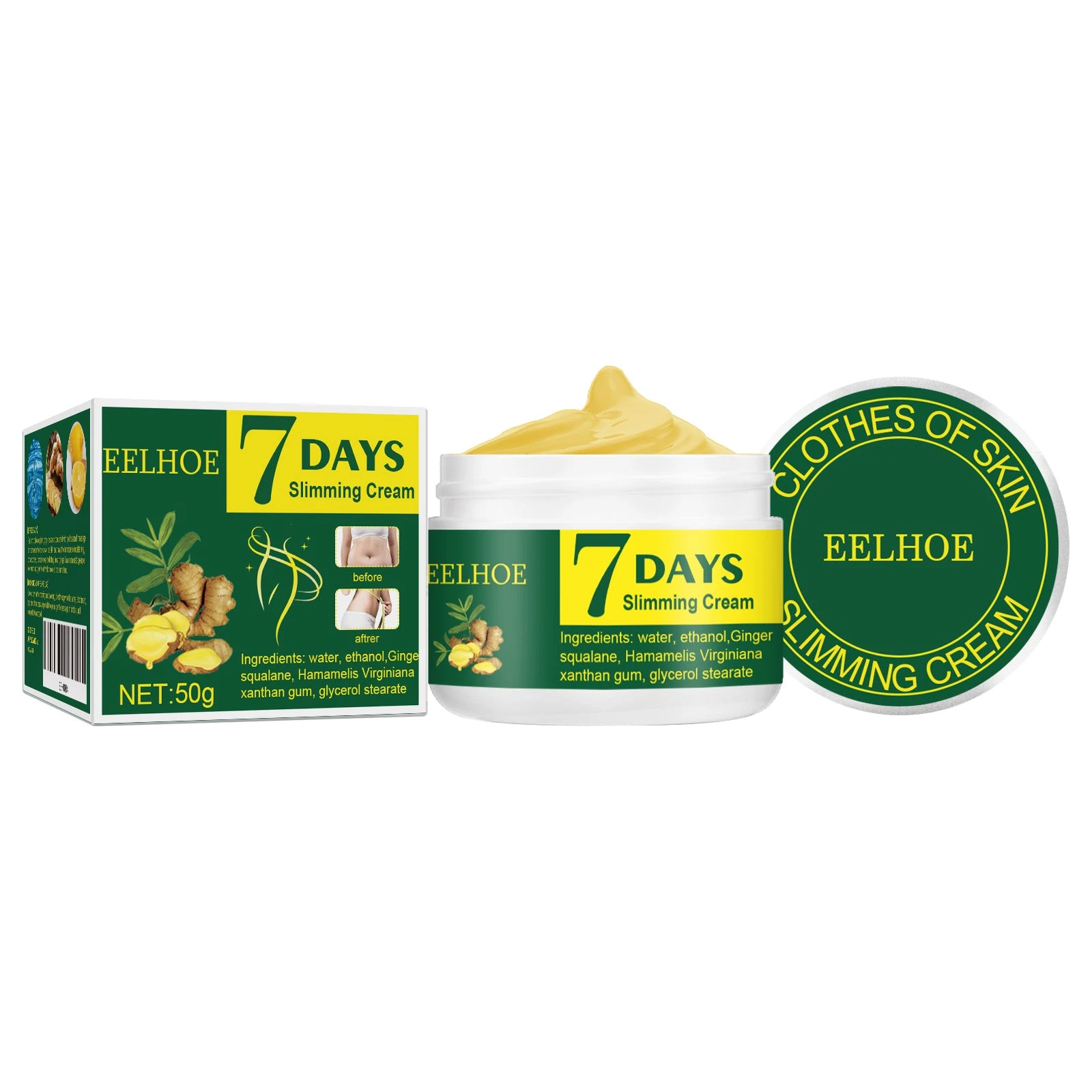 EELHOE green 50g ginger body cream jar labeled 7 DAYS Slimming Cream