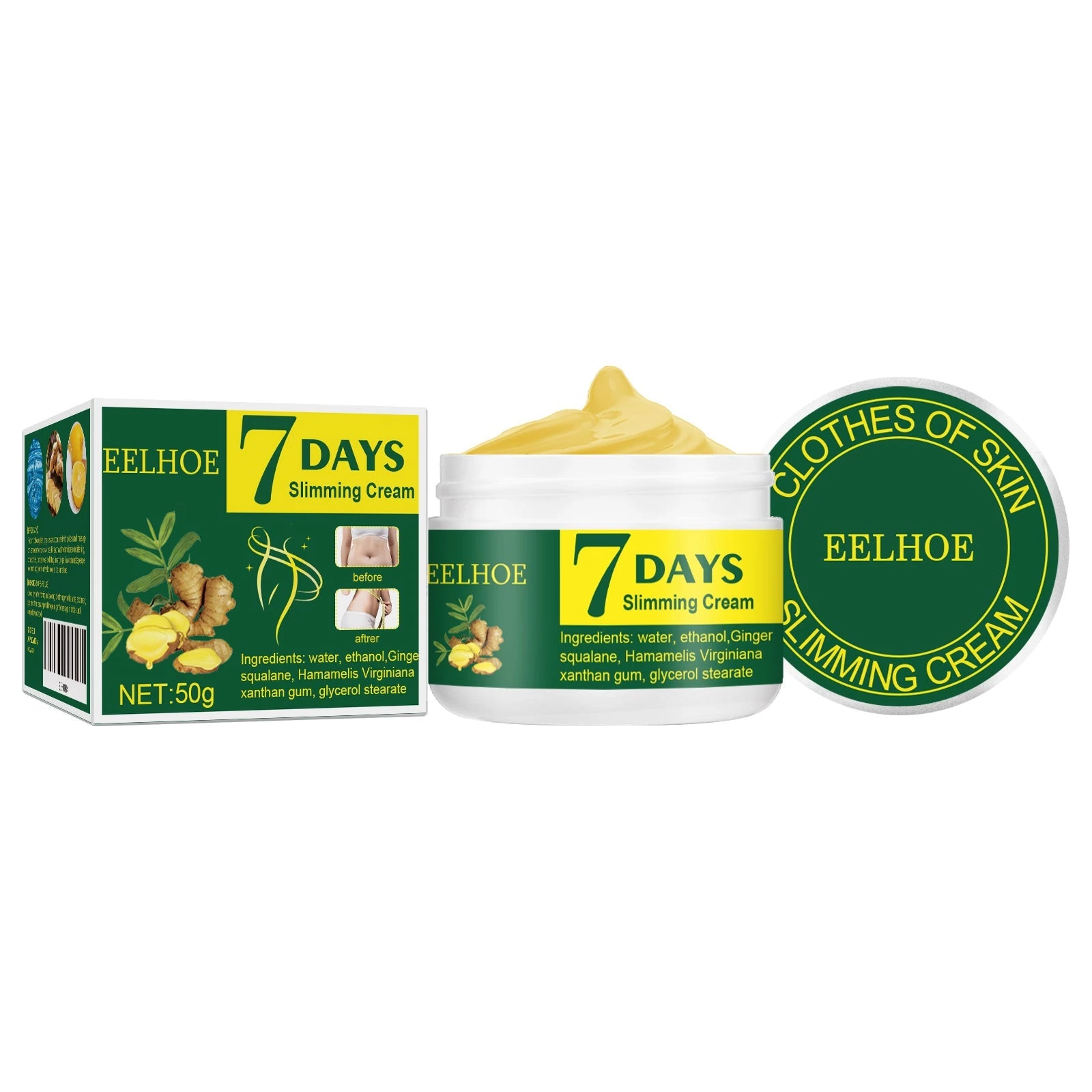 EELHOE green 50g ginger body cream jar labeled 7 DAYS Slimming Cream