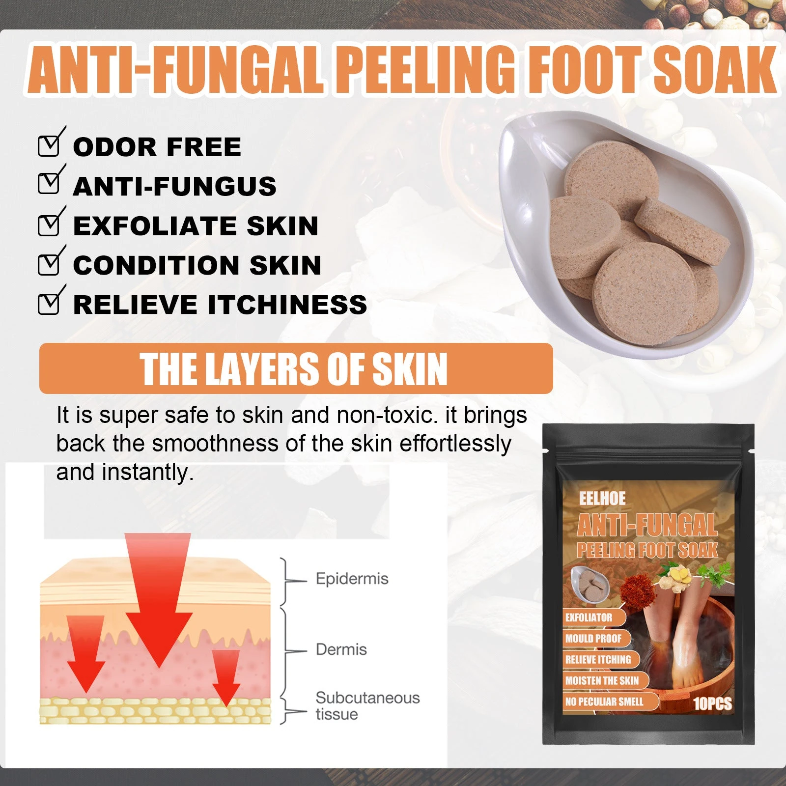 EELHOE Ginger Foot Bath — Tablet and pouch shown alongside foot-skin artwork.